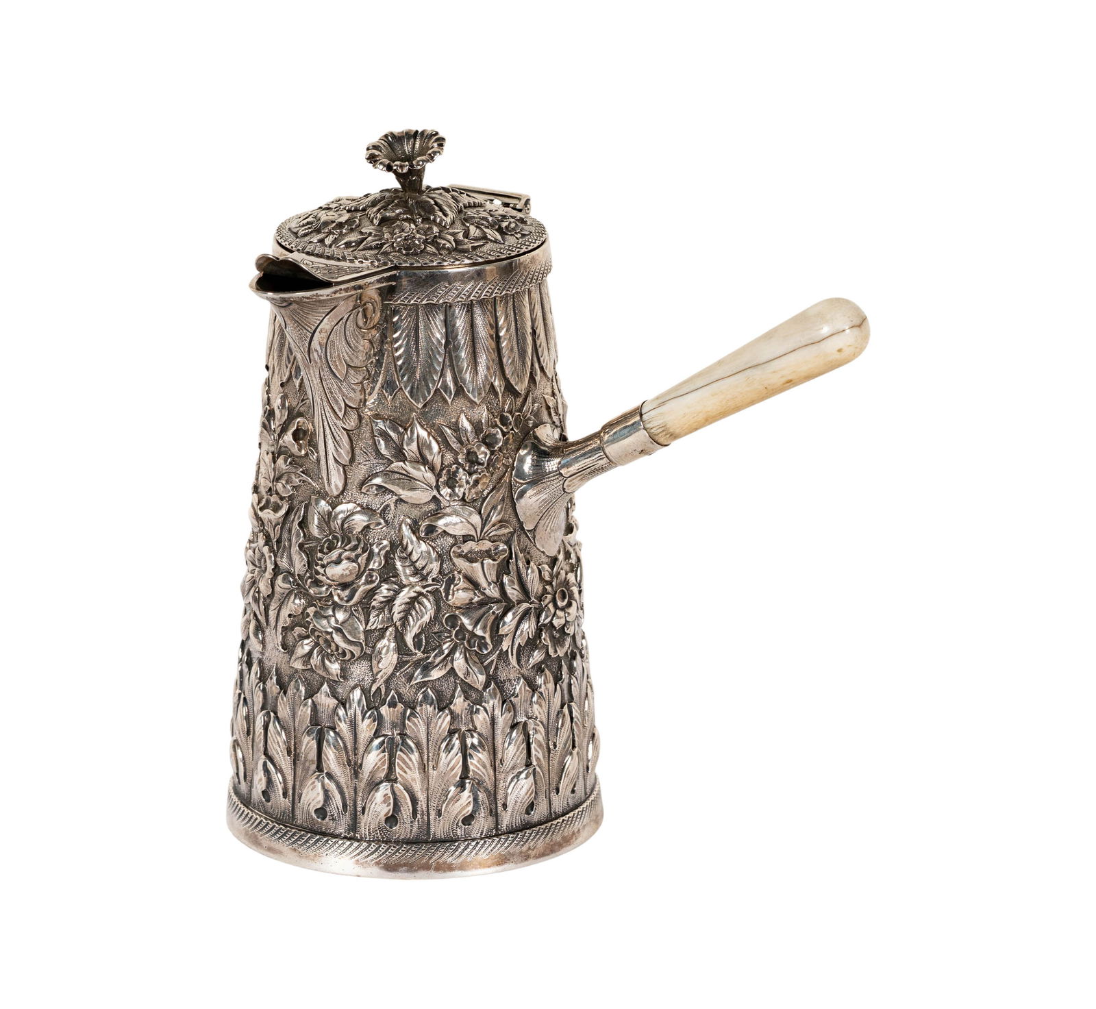 J. E. Caldwell and Co Sterling Repouse Chocolate Pot: Philadelphia, PA, second half 19th century, marked "J.E. Caldwell & Co. / Sterling" and "739", Approximately 587 grams gross, 8 in. high