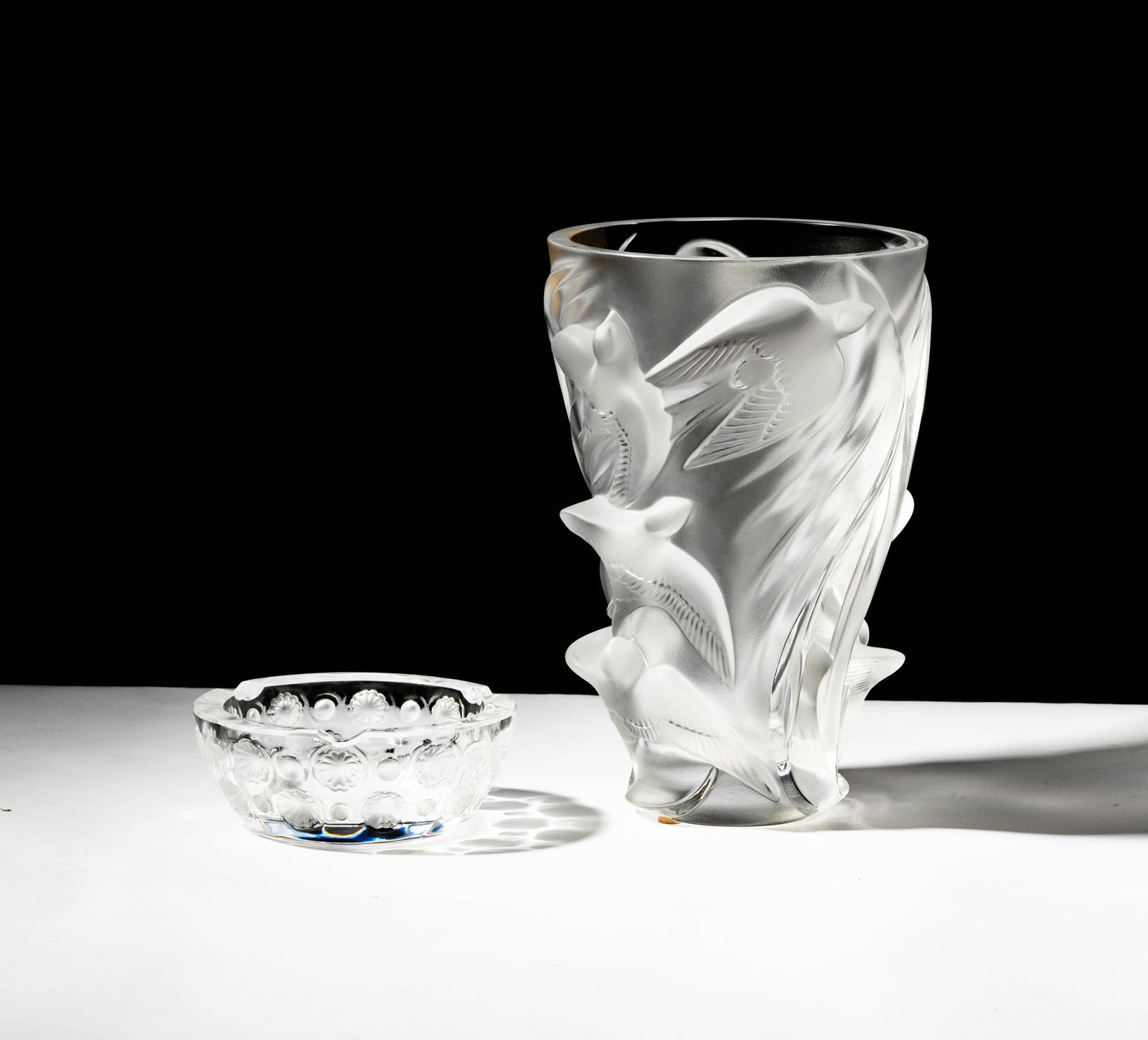 Lalique Glass Martinets Vase and Tokyo Ashtray: each signed "Lalique France", Vase: 9 1/2 x 7 1/2 in., Ashtray: 2 x 5 1/4 in.