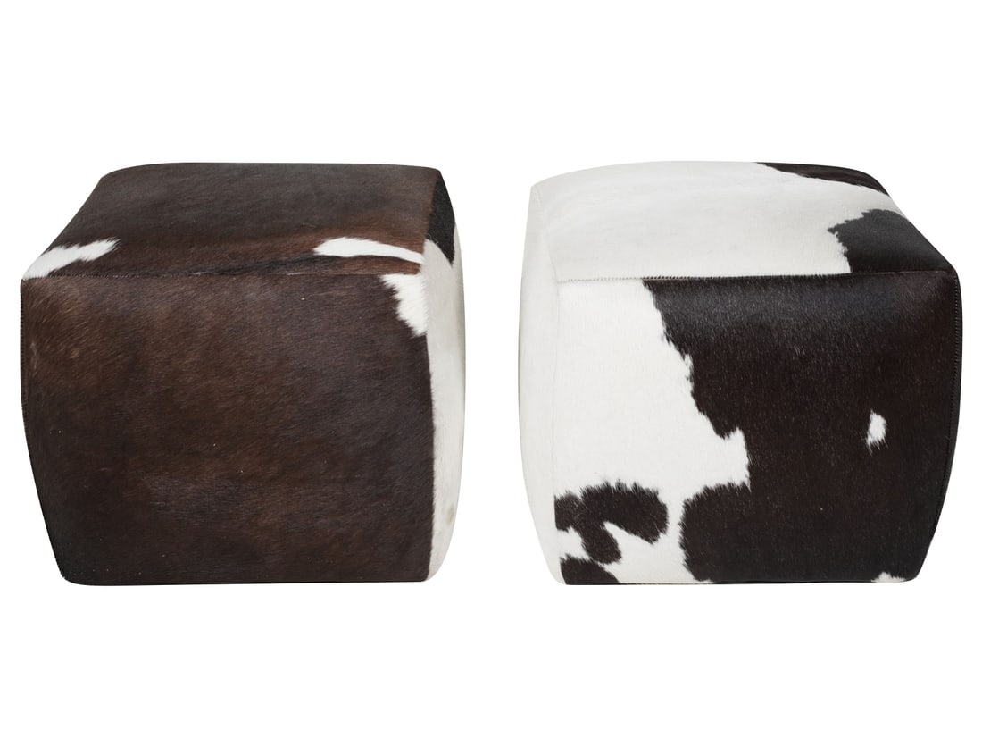 Pair of Hide Upholstered Ottomans: Room and Board label to underside, 16 1/2 x 20 1/2 x 20 /12 in.