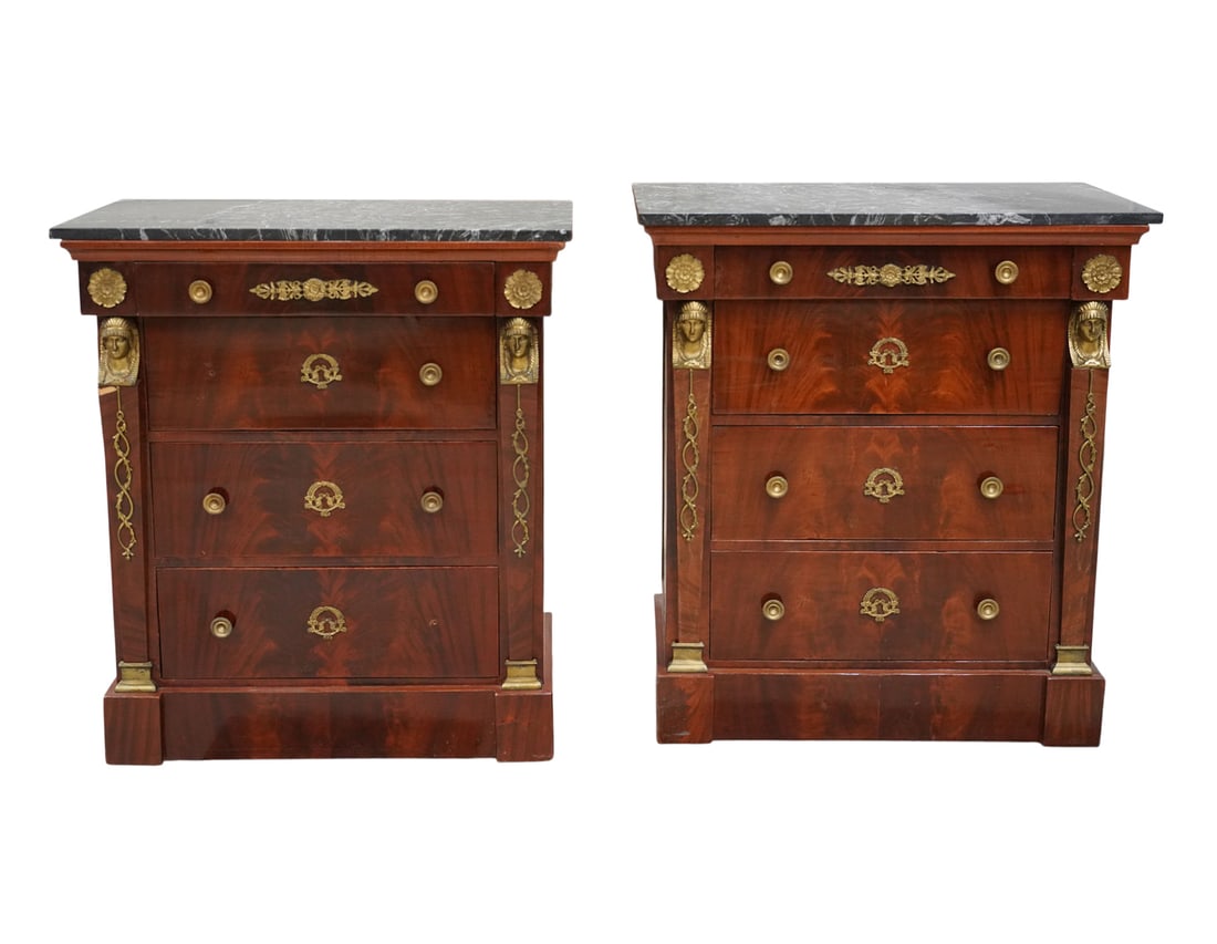 Pair of Empire-Style Marble-Top Chests of Drawers: 37 1/4 x 33 3/4 x 18 3/4 in.