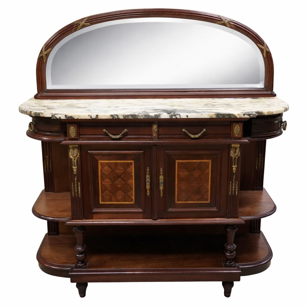 French Empire-Style Marble-Top Buffet: with parquetry inlay and gilt metal mounts; 60 x 56 x 19 1/2 in. 