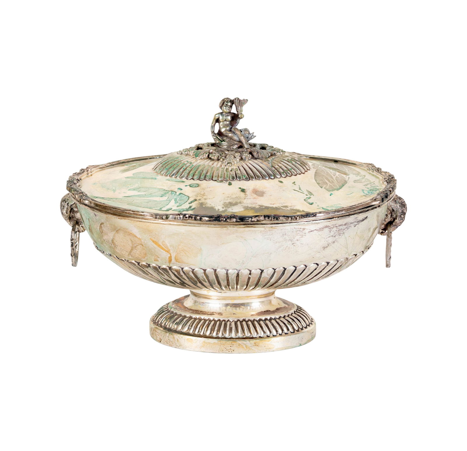Italian .800 Silver Covered Bowl: 1934-1944, oval, the domed cover with finial cast as a baby Triton, the gadrooned body flanked by ram's heads suspending ring handles, with registration mark and further marked "800",