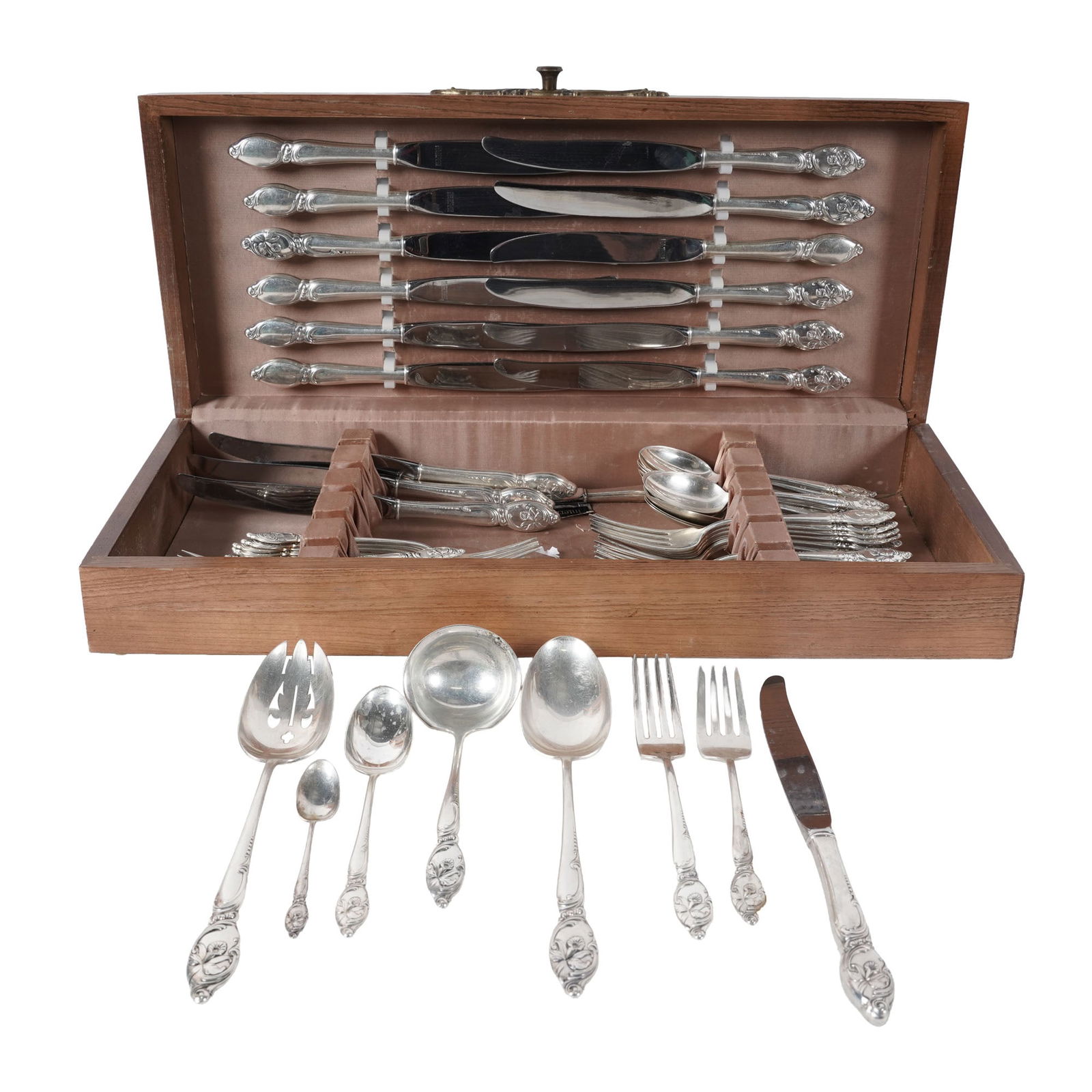 Westmorland Enchanting Orchid Sterling Flatware Service: comprising 16 forks (7 1/8 in.), 16 salad forks (6 1/2 in.), 14 teaspoons (6 in.), 16 stainless steel-bladed knives (9 1/4 in.), one stainless steel-bladed butter knife (6 3/4 in.), one