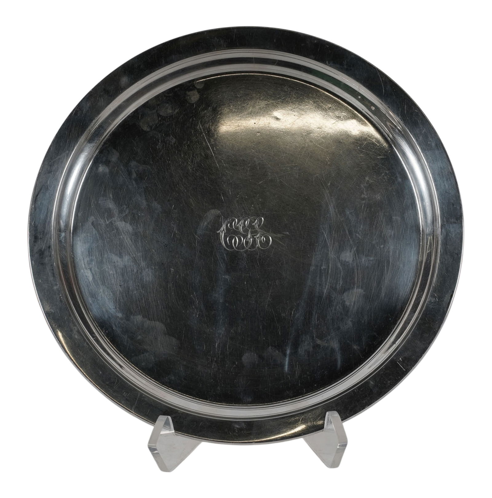Gorham Sterling Drinks Tray: monogrammed to center, with maker's marks, further marked "Sterling" and "A8411", Approximately 504 grams, 12 in. dia.