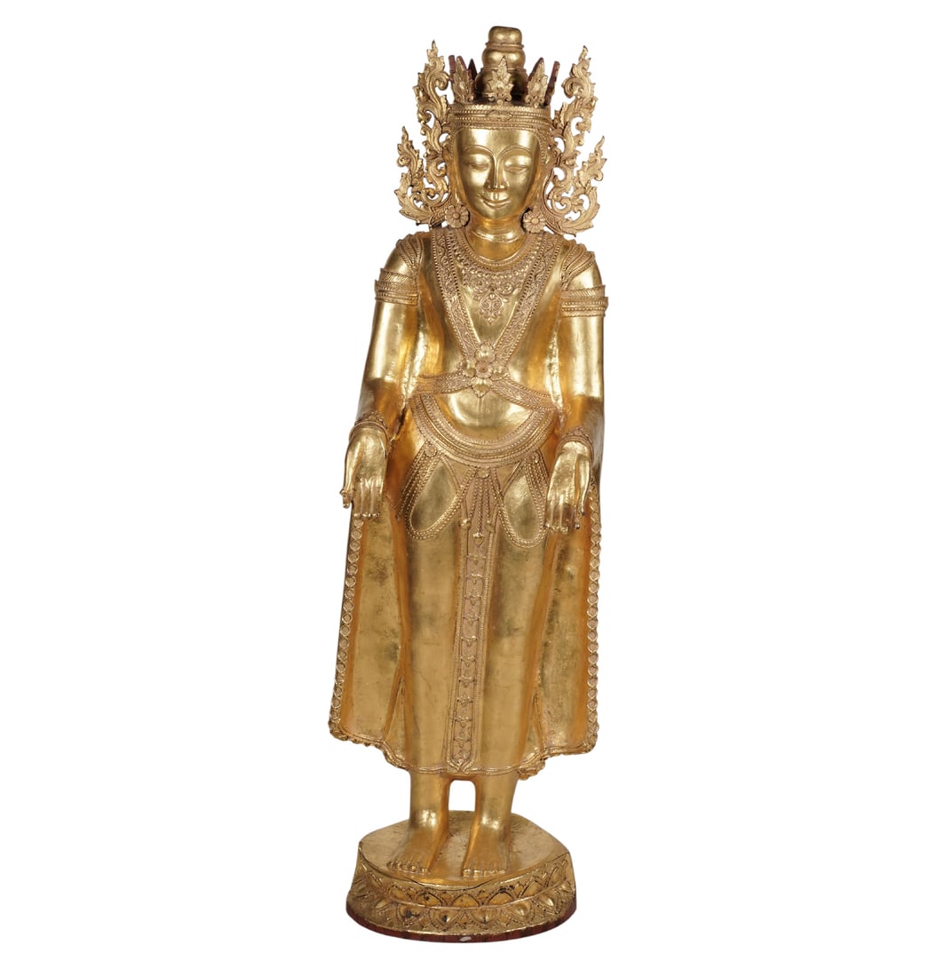 Southeast Asian Gilt Lacquer Standing Buddha Figure: elaborately adorned; 62 x 20 x 13 in.