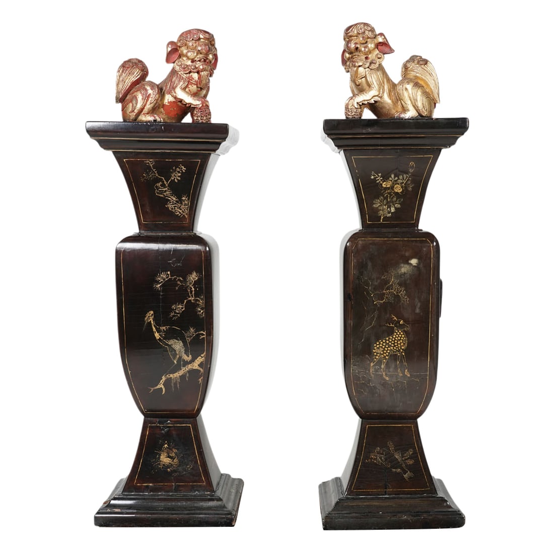 Pair of Giltwood Foo Dogs on Lacquer Pedestals: Overall: 43 1/2 in. high