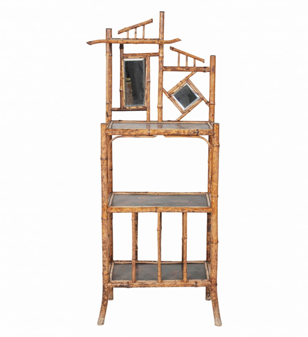 Aesthetic Movement Bamboo and Lacquer Etagere: early 20th century; with mirror glass panels, 55 1/2 x 20 1/2 x 12 1/2 in.