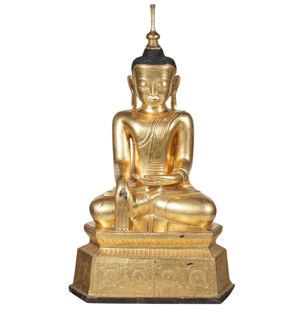 Large Southeast Asian Giltwood Figure of Buddha: depicted seated in meditation on an ornate base, 51 1/2 x 28 x 20 in.