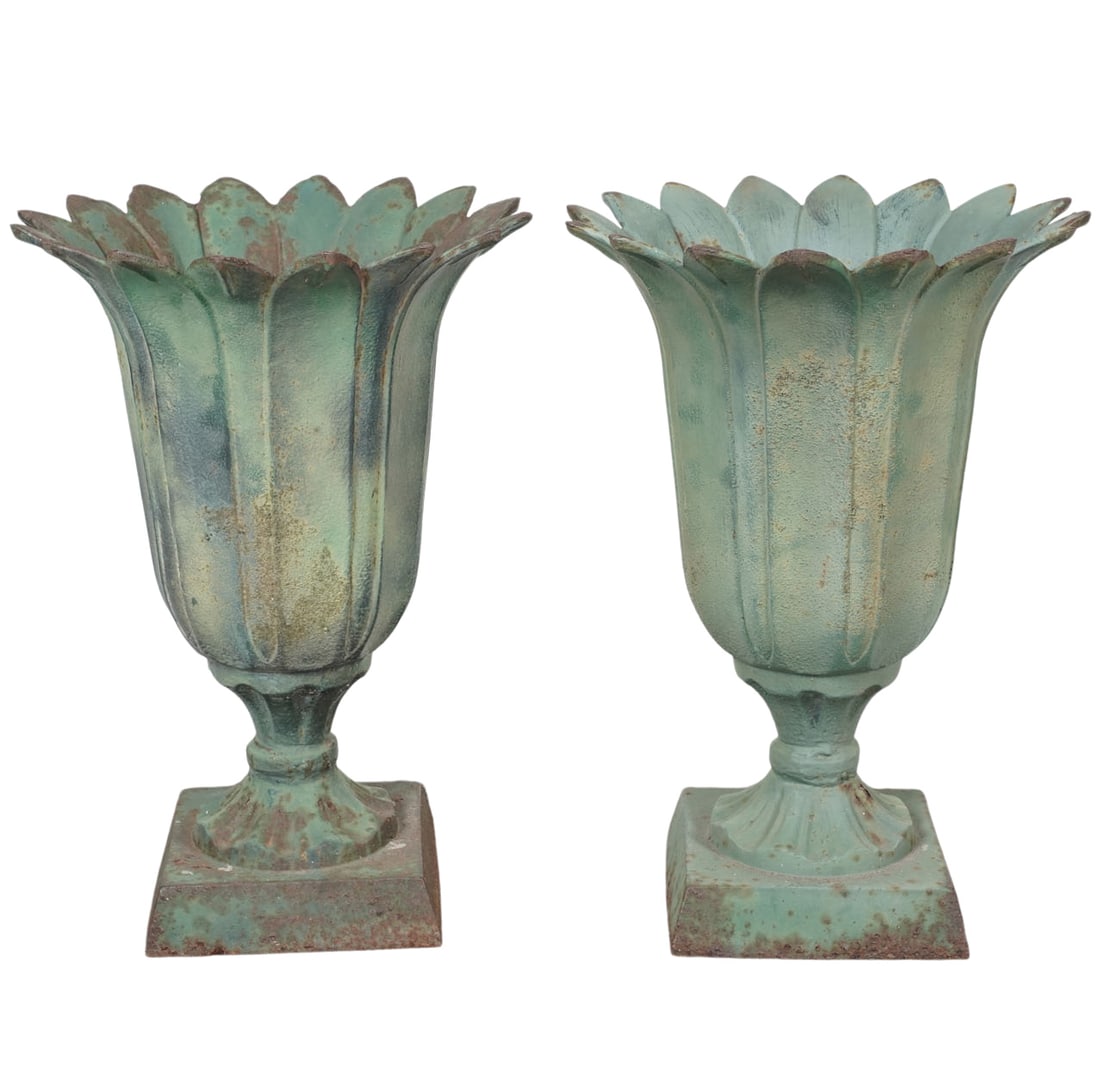 Pair of Vintage Iron Garden Urns: with verdigris patina; 20 x 14 in.
