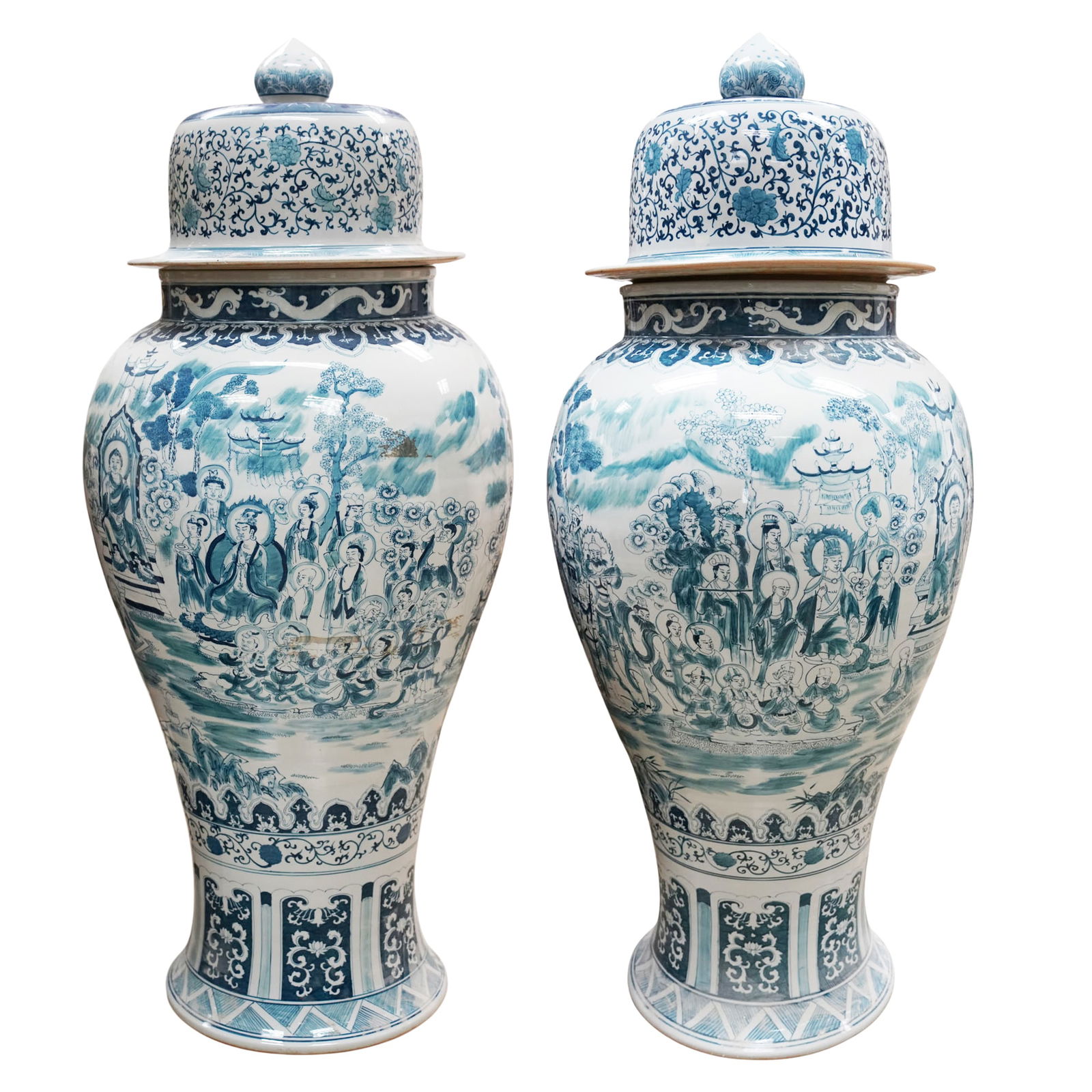 Pair of Large Blue and White Chinese Covered Vases: 28 x 62 in.