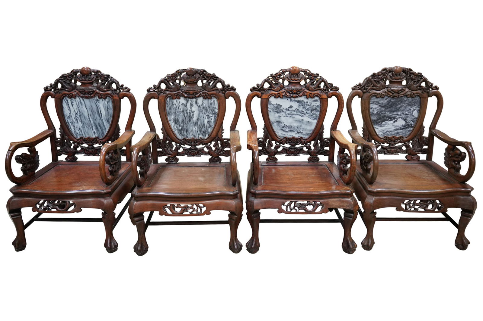 Set of Four Chinese Carved Rosewood and Marble Armchairs: in a traditional design with curved armrests and claw feet; 37 1/2 x 24 x 24 in., Seat height: 14 in.