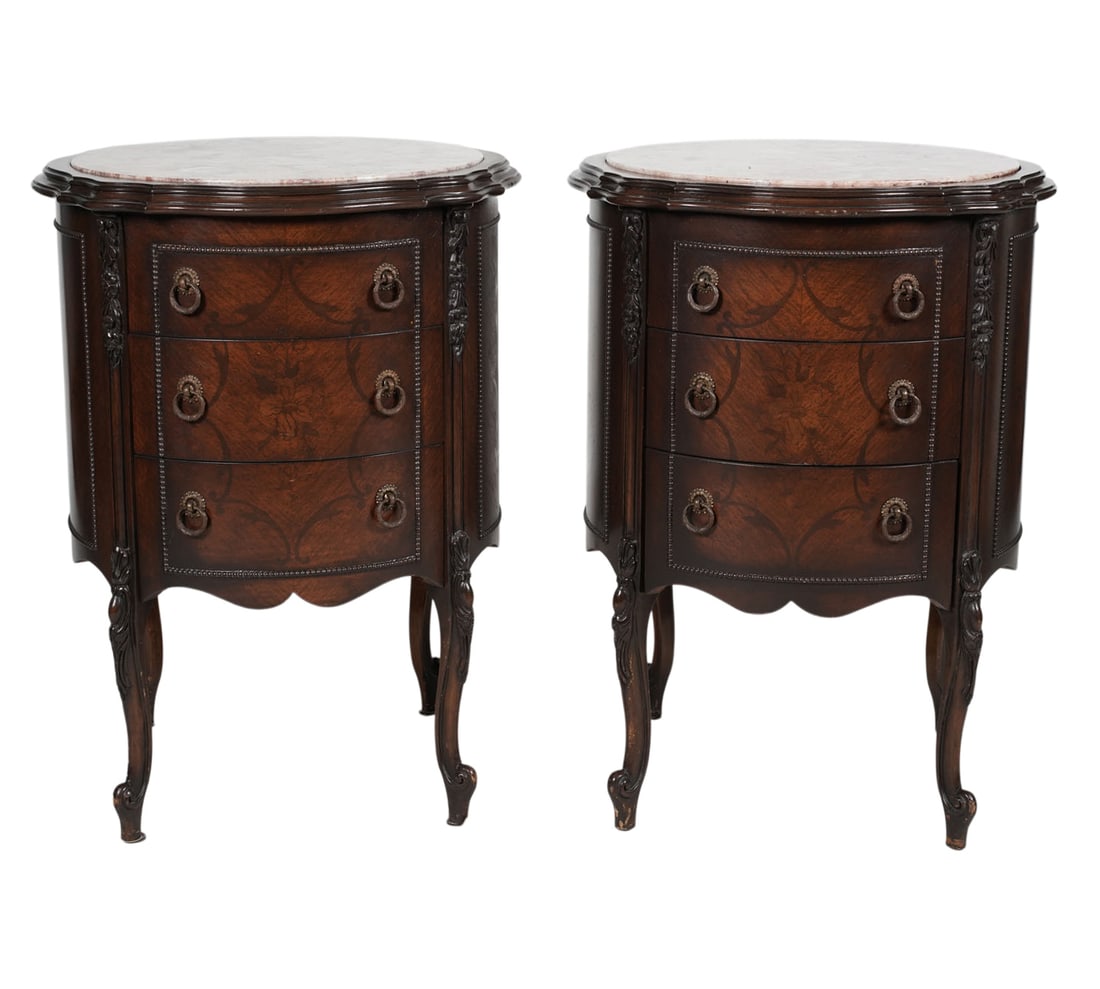 Pair of Marble-Top Petite Commodes: late 20th century; each round, with three drawers, 29 x 21 in. dia