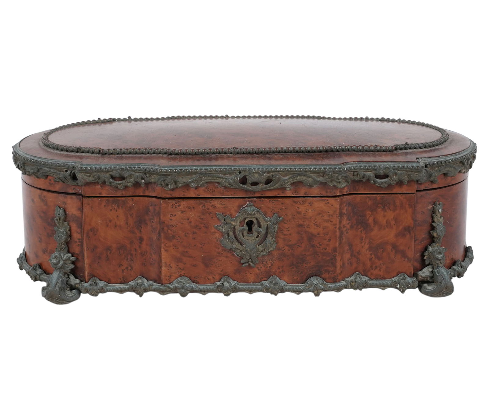 French Burlwood Vanity Box with Metal Mounts: the interior lined with fabric, 12 x 5.5 x 3.5 in.