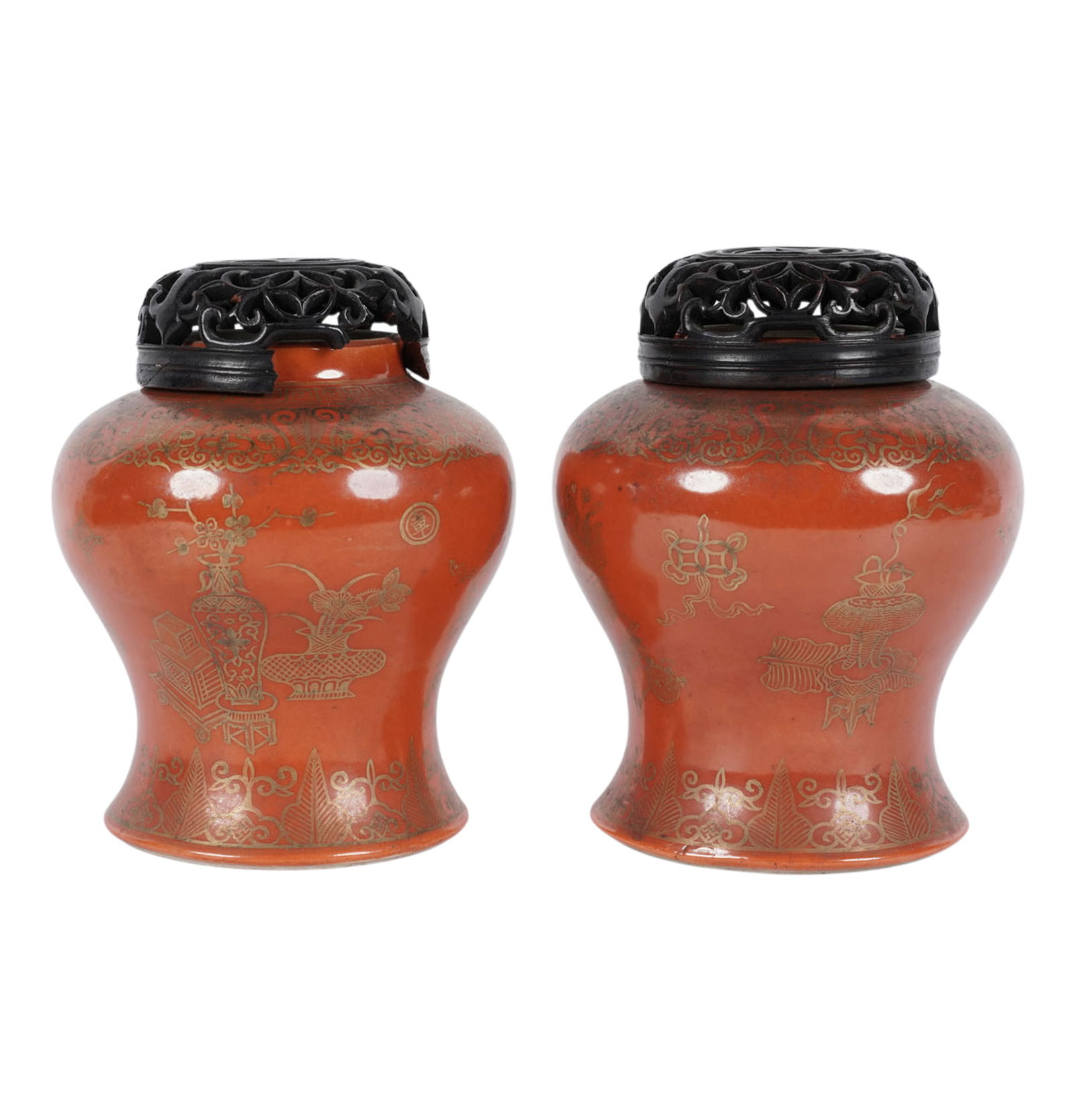 Pair of Chinese Porcelain Jars: each with carved wood cover.; 7 in. high