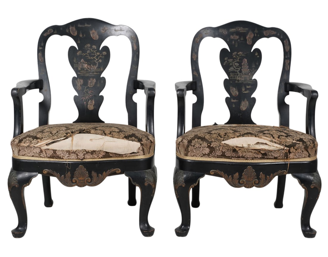 Pair of Jappaned Queen Anne-Style Armchairs: 36 x 26 x 24 in., Seat height: 19 in.