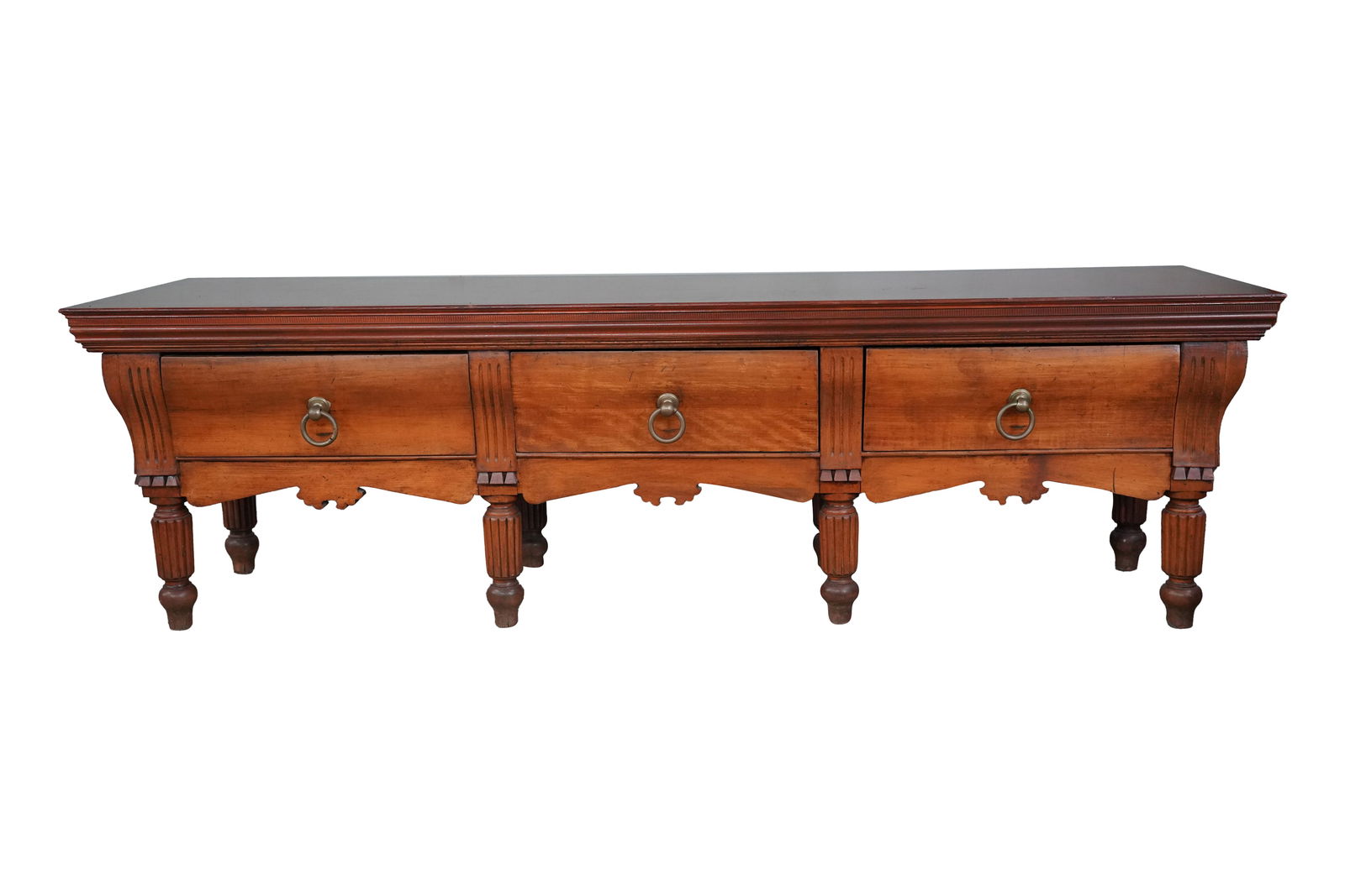 An Antique French Provincial Work Table: Table with later associated top, 29 x 99 1/2 x 29 1/4 in. (73.7 x 252.7 x 74.3 cm.)