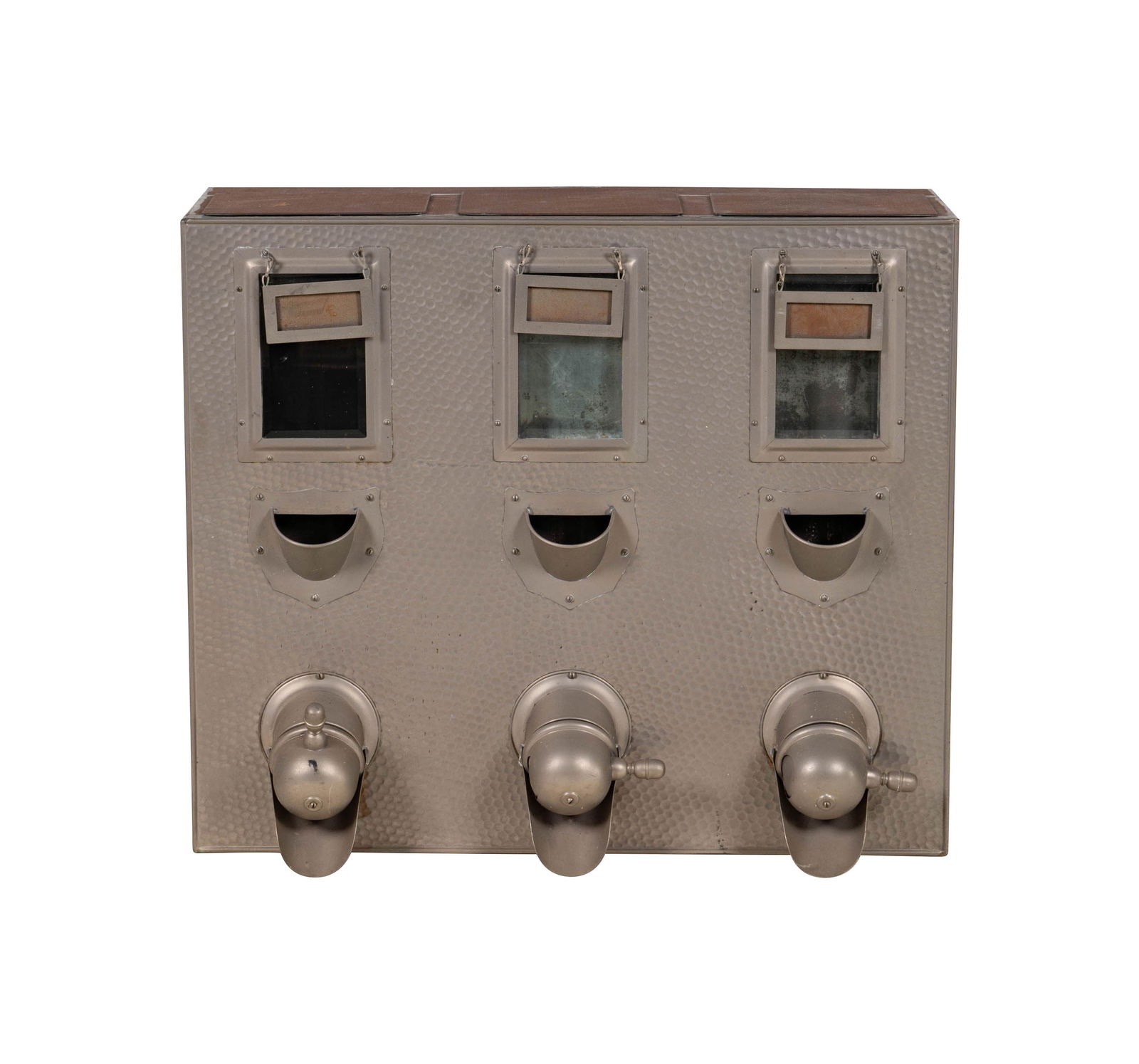 A Vintage Austrian Triple-Bin Coffee Dispenser: with label "Karl Schwarz / Wien XV", 25 x 29 1/2 x 10 in. (63.5 x 74.9 x 25.4 cm.)