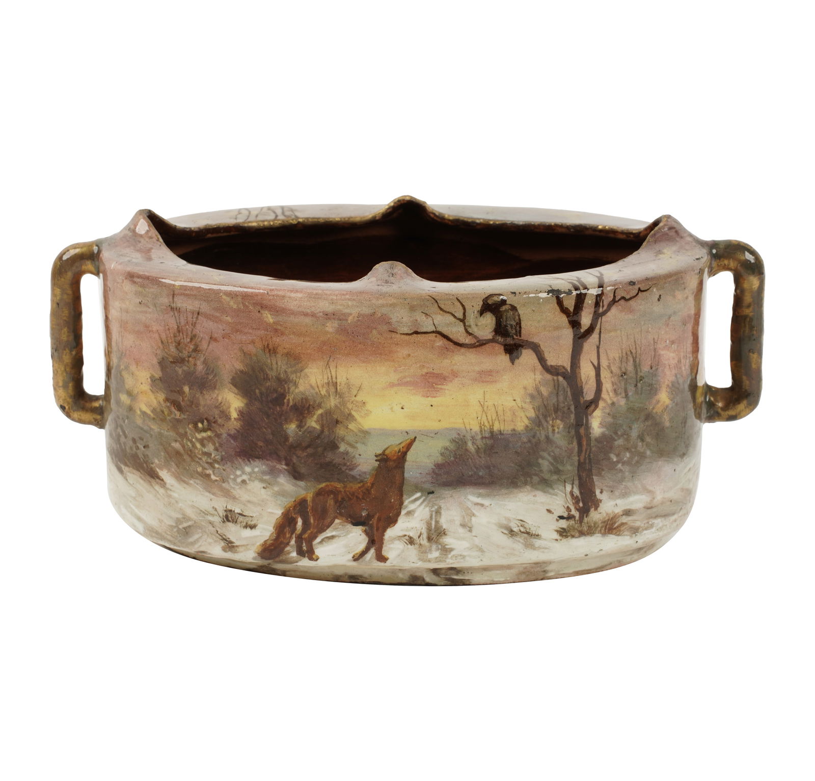 Emile Galle (1846-1904): Landscape Jardiniere: faience, c. 1900, oval, painted with a continuous landscape, with a fox to one side, signed to underside "E.G. depose E. Galle Nancy", 5 x 11 x 6 in. (12.7 x 27.9 x 15.2 cm.)