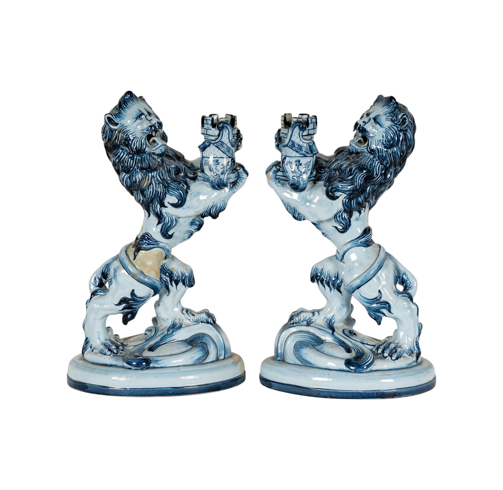 Emile Galle (1846-1904): Pair of Lion Candlesticks: faience, c. 1900, 16 x 10 x 7 1/2 in.