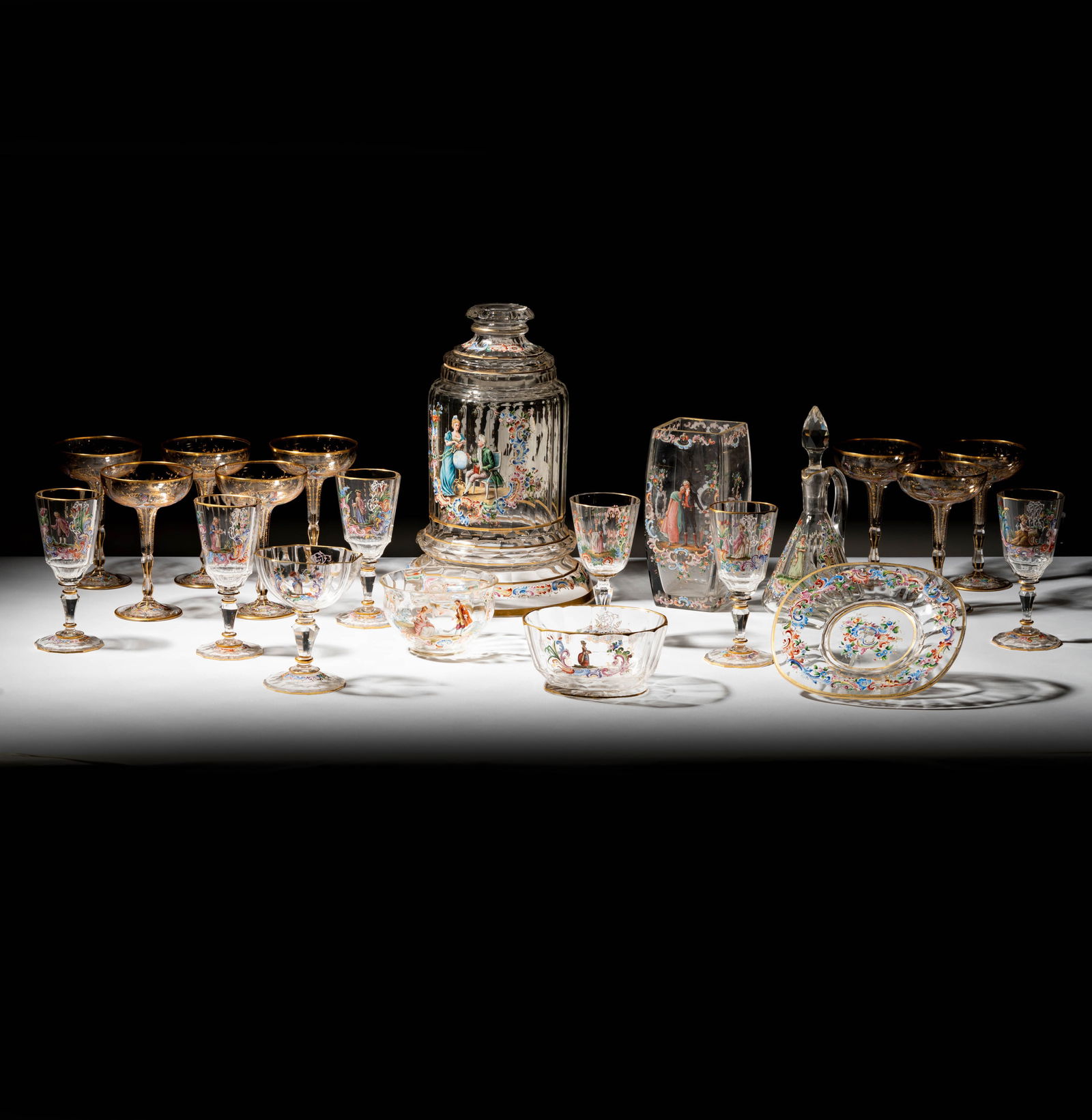 A Lobmeyr Enameled Glass Service: marked with the Lobmeyr monogram, some pieces unmarked,