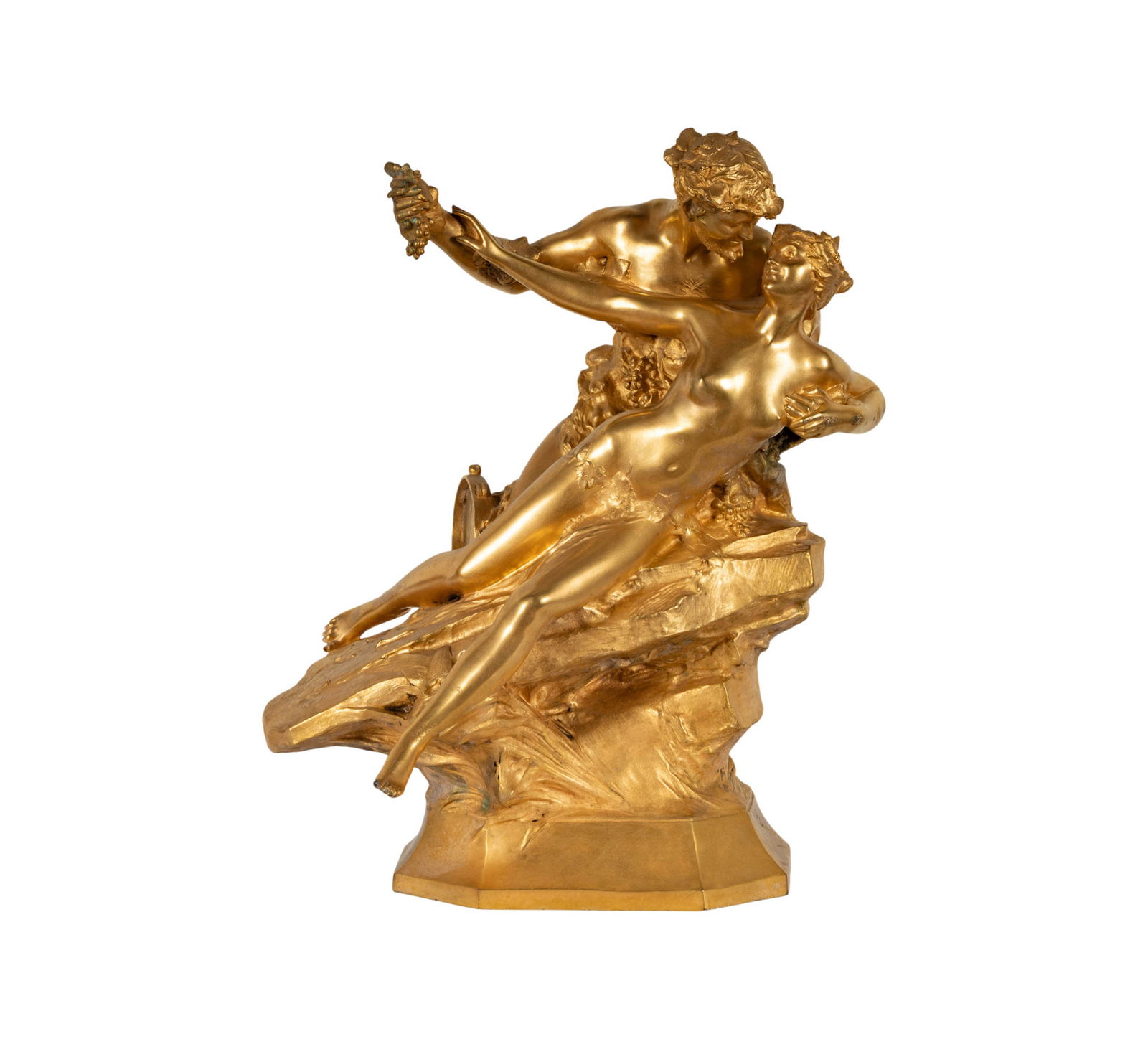 Paul Marie Ducuing (1967 - 1949): Nymphe et Satyr: gilt bronze, signed in casting "Ducuing" and with foundry mark "F. Barbedienne Fondeur Paris", 22 x 17 x 14 in. (55.9 x 43.2 x 35.6 cm.)