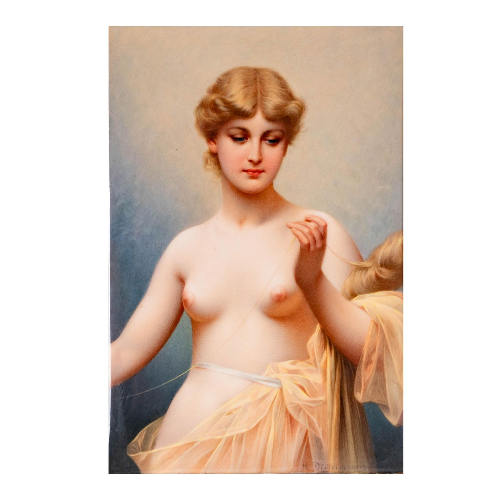 A Berlin (KPM) Porcelain Plaque: Clotho after Thumann: Germany, late 19th century, painted with Clotho spinning the Thread of Life after Paul Thumann (1834-1908), signed "R. Dietrich nach P. Thumann" lower right, marked verso with impressed mark