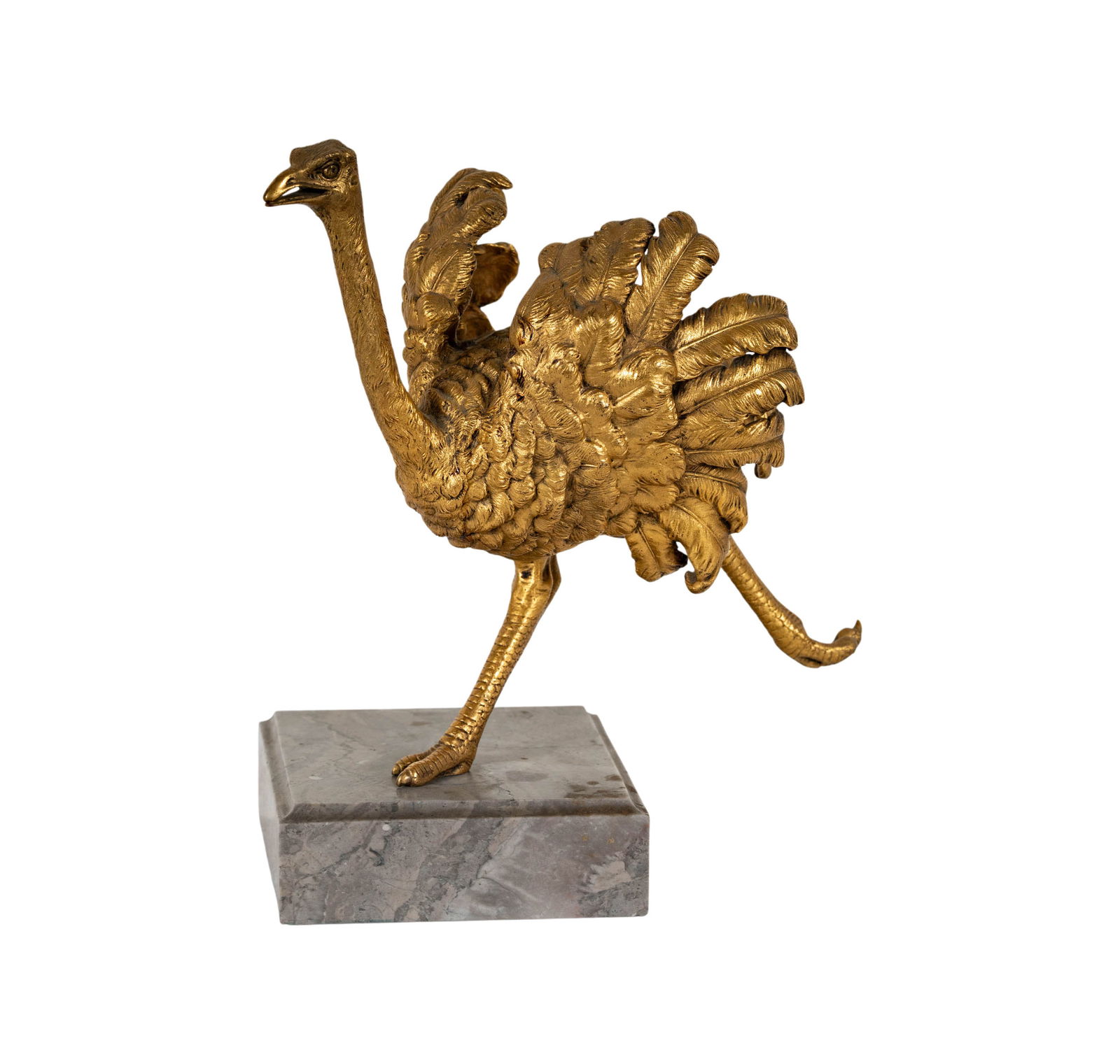 A Russian Gilt-Bronze Figure of a Striding Ostrich: 19th century, on marble plinth, possibly marked to underside of ostrich's body "91" or "16", 8 1/2 in. high, overall: 10 x 8 1/2 x 10 in.