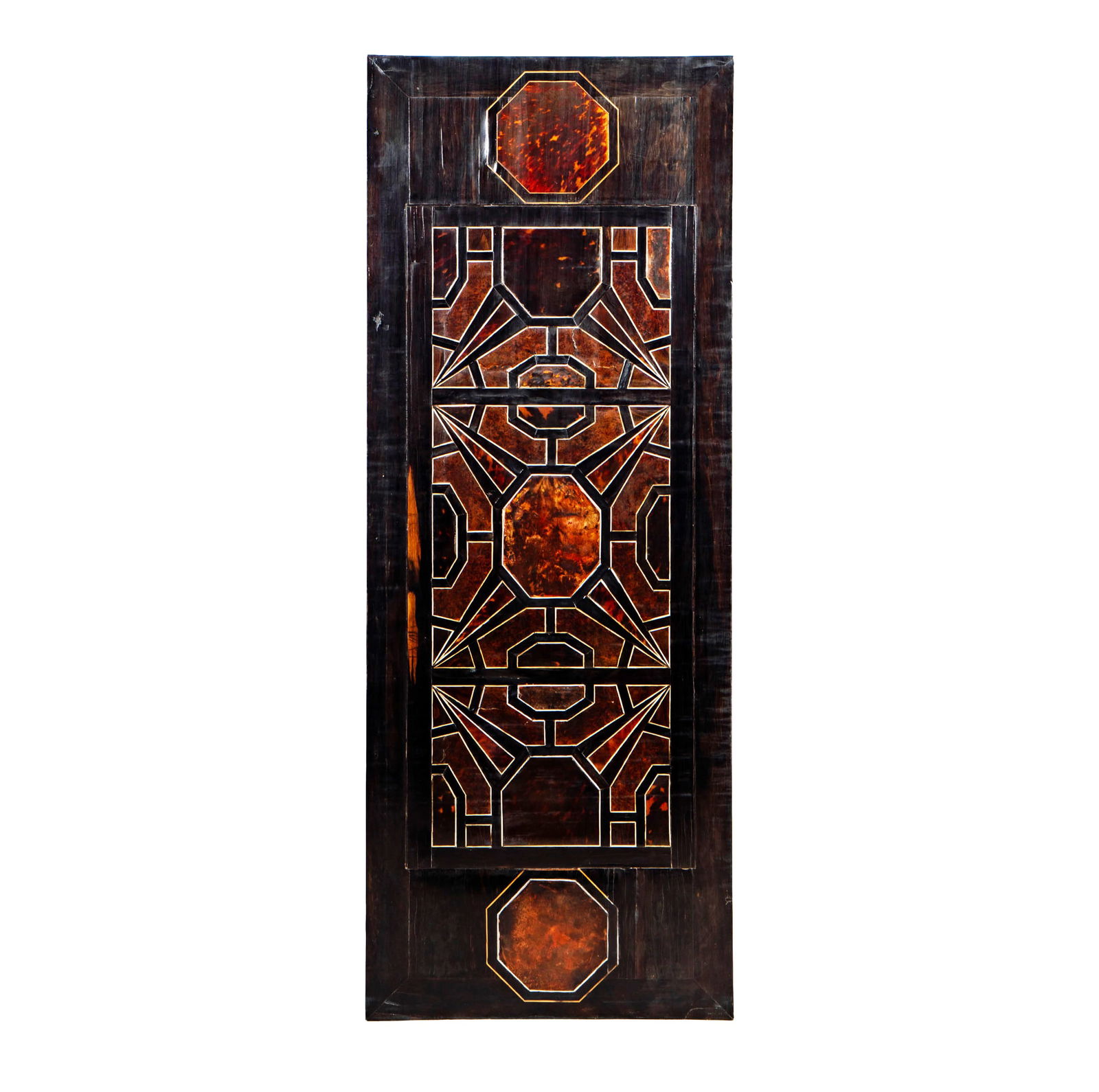 An Islamic Mamluk-Style Parquetry Panel: 18th century or earlier, rectangular, with polygons and stars in ebony, bone, pine, and cypress, 57 1/2 x 22 x 3/4 in.