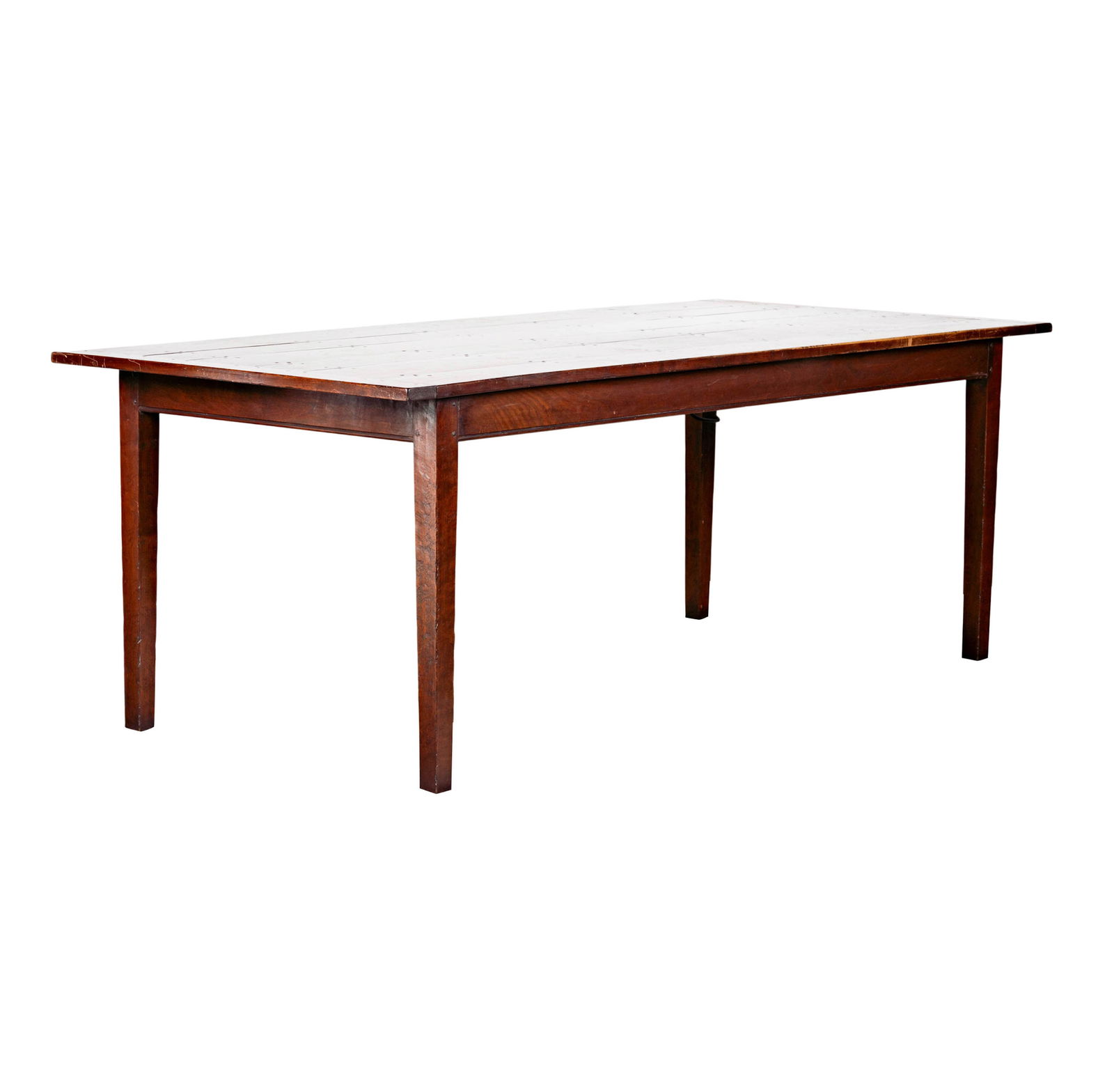 A Country French Farm Table: 19th century, the six-plank top with breadboard ends, over a plain apron on four tapering square-section legs, 30 x 84 x 38 in.