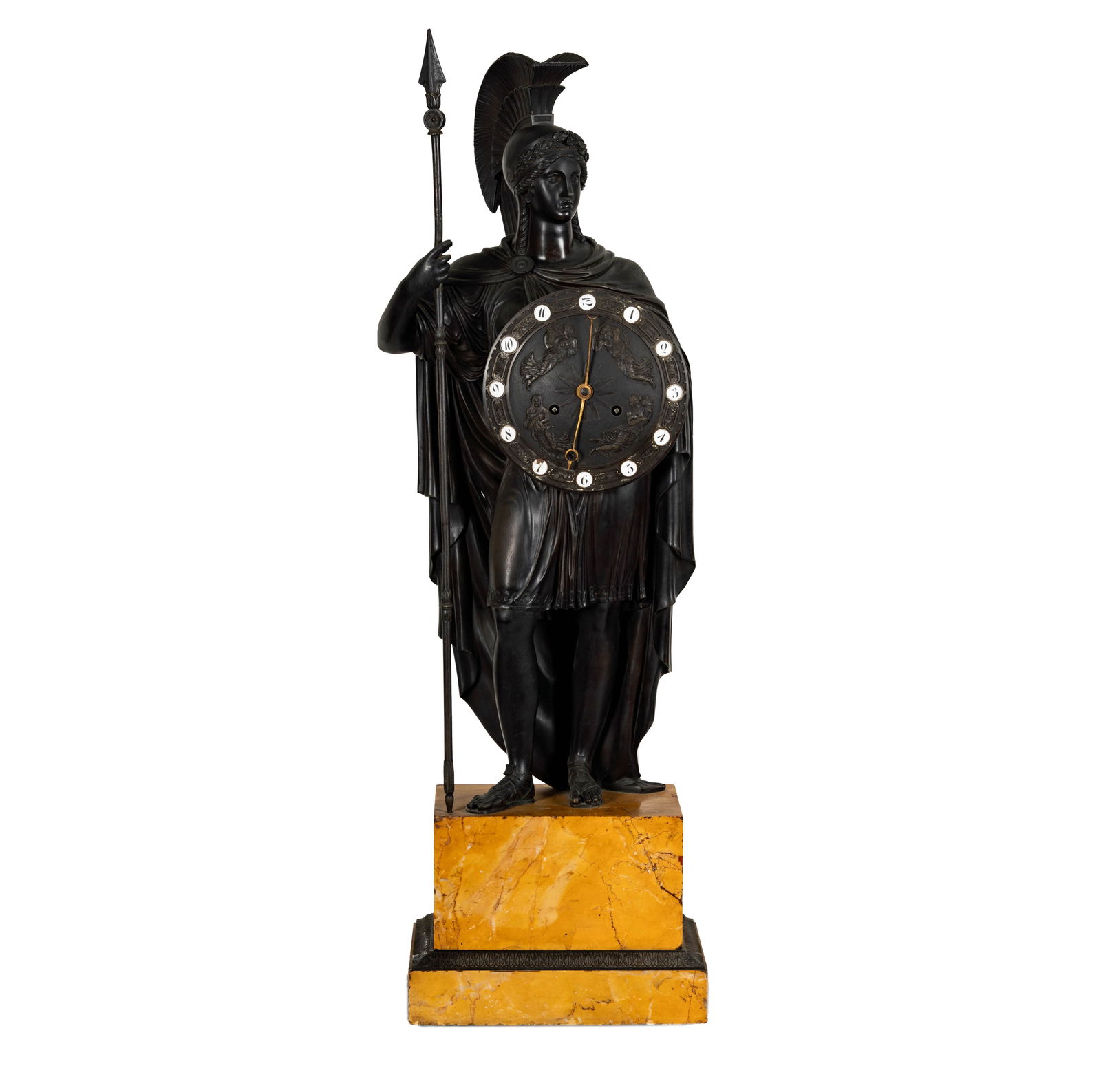 A French Empire Figural Mantel Clock: Athena after Gerard-Jean Galle: bronze and marble, her shield cast as a dial with enamel hours, attached to a movement accessed through the figure's back, Overall: 33 1/2 x 10 1/4 x 7 1/2 in.