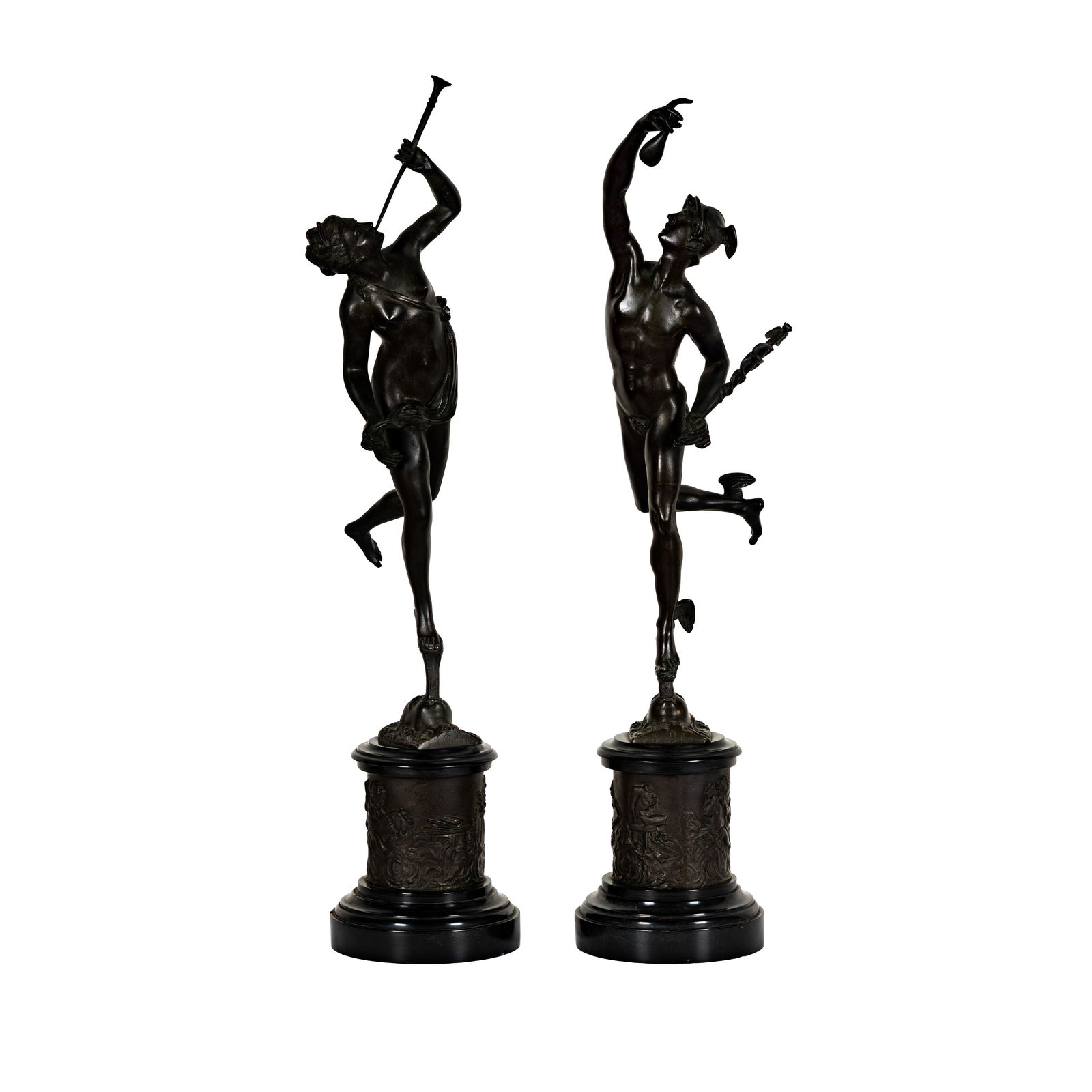 After Giambolgna, Mercury and Iris: each patinated bronze, mounted to black slate plinth, each inscribed "G. de Bologna", Mercury: 31 1/2 in. high, Iris: 32 in. high