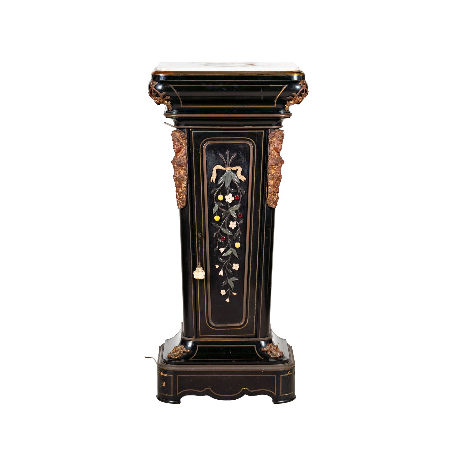 A Napoleon III Ebonized Pedestal With Carved Stone Inlay: 54 3/4 x 24 x 17 in.