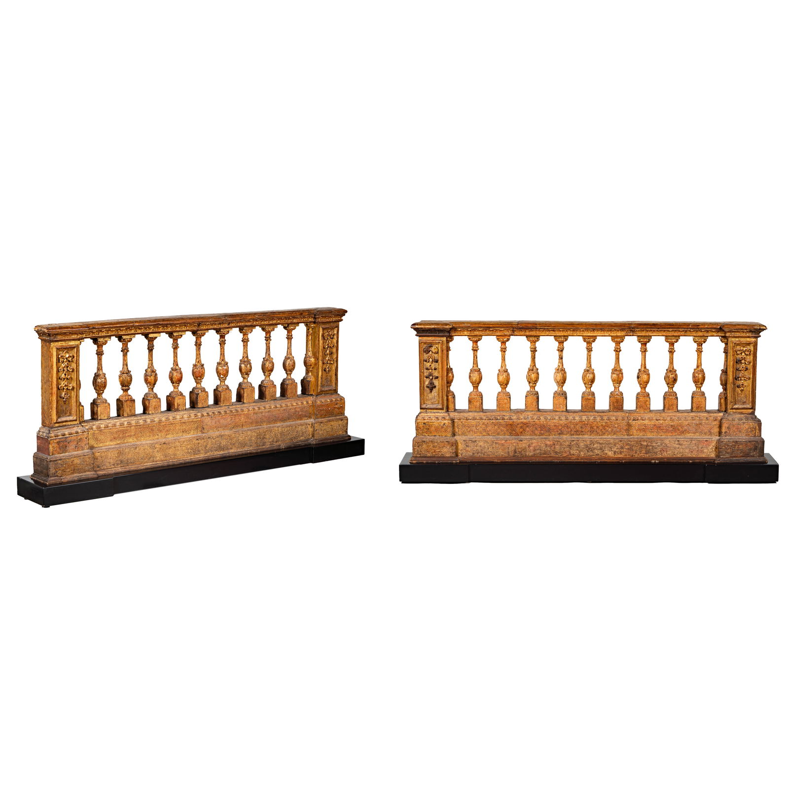 A Pair of Italian Giltwood Architectural Balustrades: 18th/19th century, each mounted on a later plinth, approximately 29 1/2 in. high, overall: 33 1/2 x 79 3/4 x 11 1/2 in. and 33 1/2 x 80 1/2 x 11 1/2 in. Provenance: Property from a Santa Fe, New