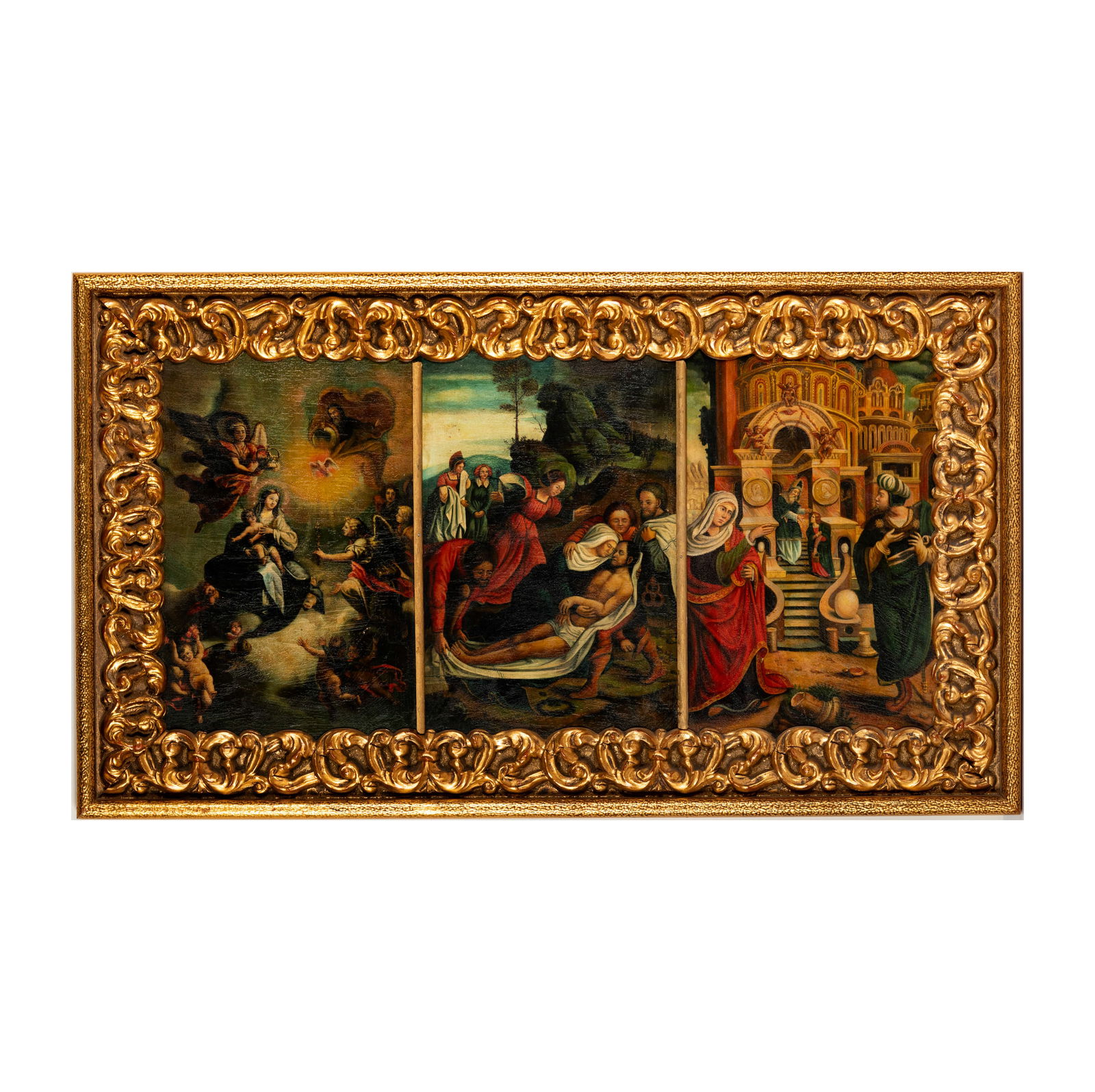 A Spanish Colonial Triptych: oil on three tin panels, each approximately 17 x 12 in., in an ornate giltwood frame, 25 1/2 x 43 in.