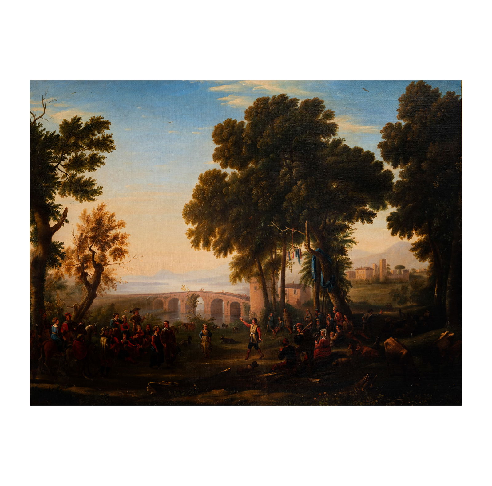 After Claude Lorrain (c. 1600 - 1682): Village Festival: oil on canvas, c. 1830, with handwritten label verso inscribed "Village Festival - copied in 1830 by [illegible] from the original by Claude Lorrain in the Louvre...", 39 x 51 1/2 in., in an antique