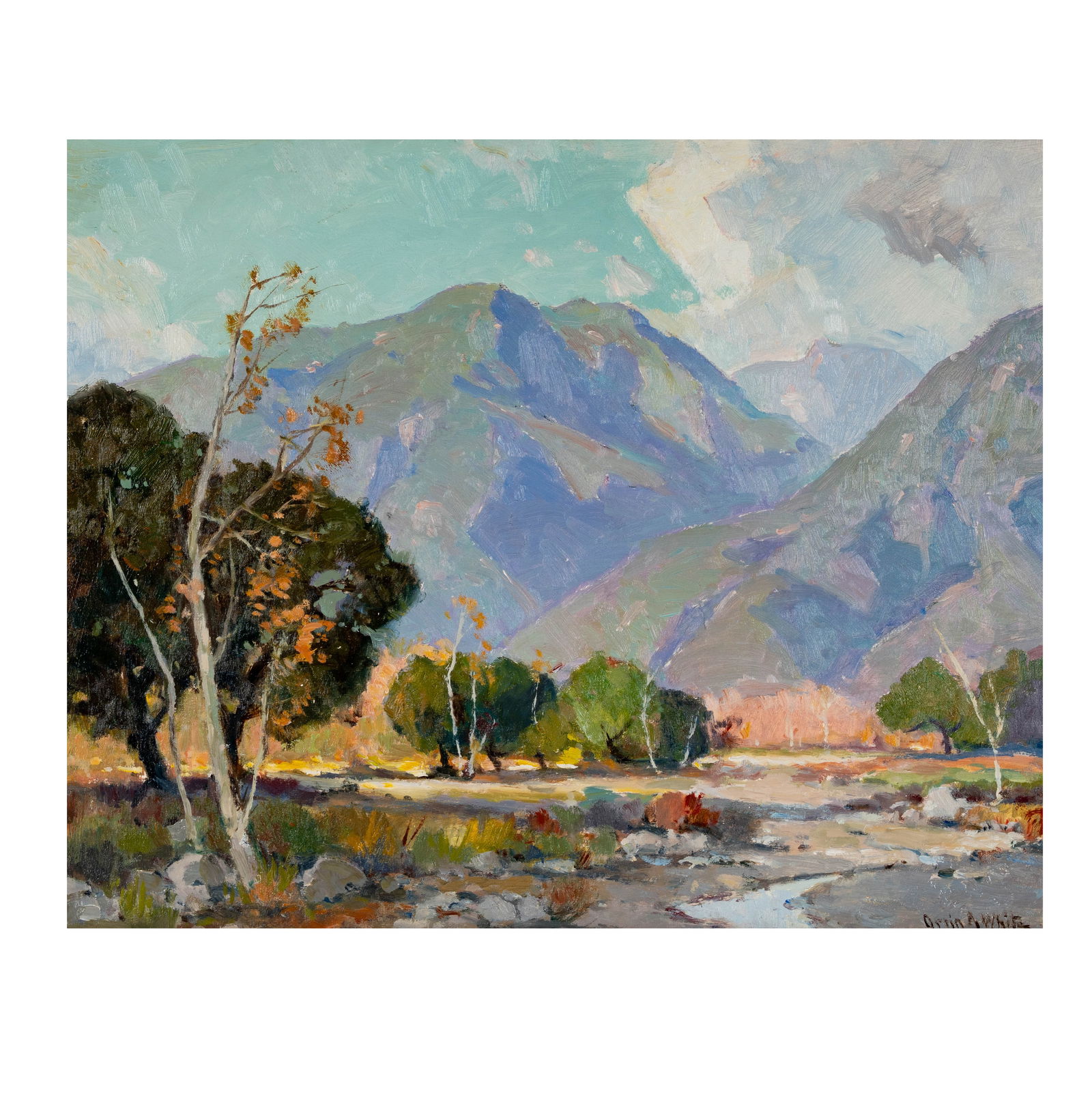 Orrin Augustine White (1883 - 1969): Foothills of Pasadena, Eaton Canyon: oil on canvas, signed lower right, titled to gallery label verso, 16 x 20 in. Frame: 23 1/4 x 27 1/2
