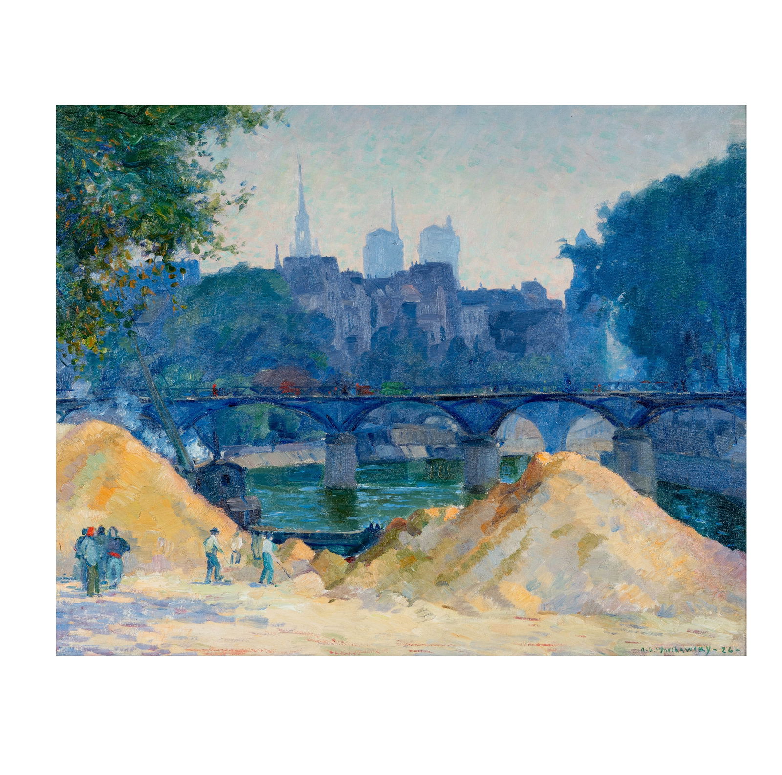 Abel Warshawsky (1883 - 1962): La Passerelle Looking Towards Ile de la Cite and Notre Dame: oil on canvas, 1926, signed and dated lower right, titled to gallery label verso. 26 x 32 in., Frame: 33 x 39 1/4 in.