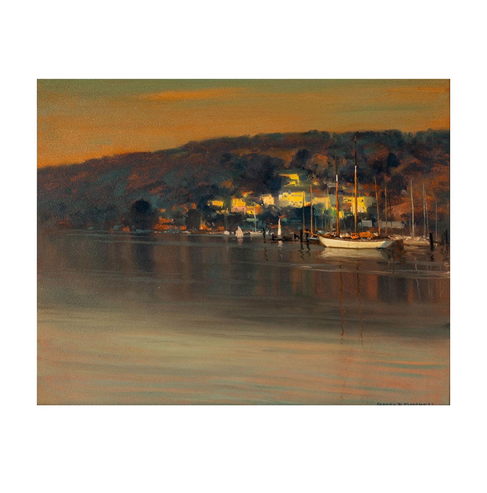 Alfred Richard Mitchell (1888 - 1972): Morning in the Harbor: oil on board, signed lower right, signed again and titled verso, 16 x 20 in., frame: 22 3/4 x 26 1/2 in.