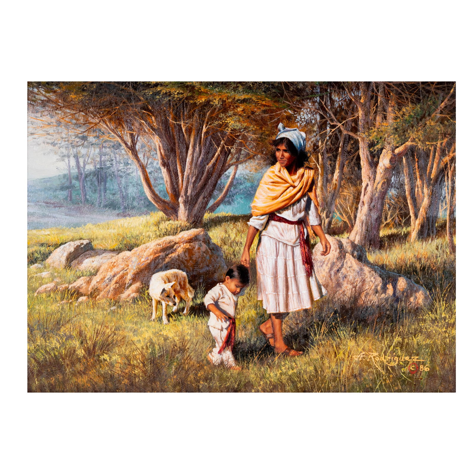 Alfredo Rodriguez (b. 1954): De Paseo: oil on board, 1986, signed and dated lower right, signed and dated again and titled verso,11 x 15 in., frame: 18 3/4 x 22 1/2 in. Provenance: The collection of Regina Bragato, owner of the Chateau Mar