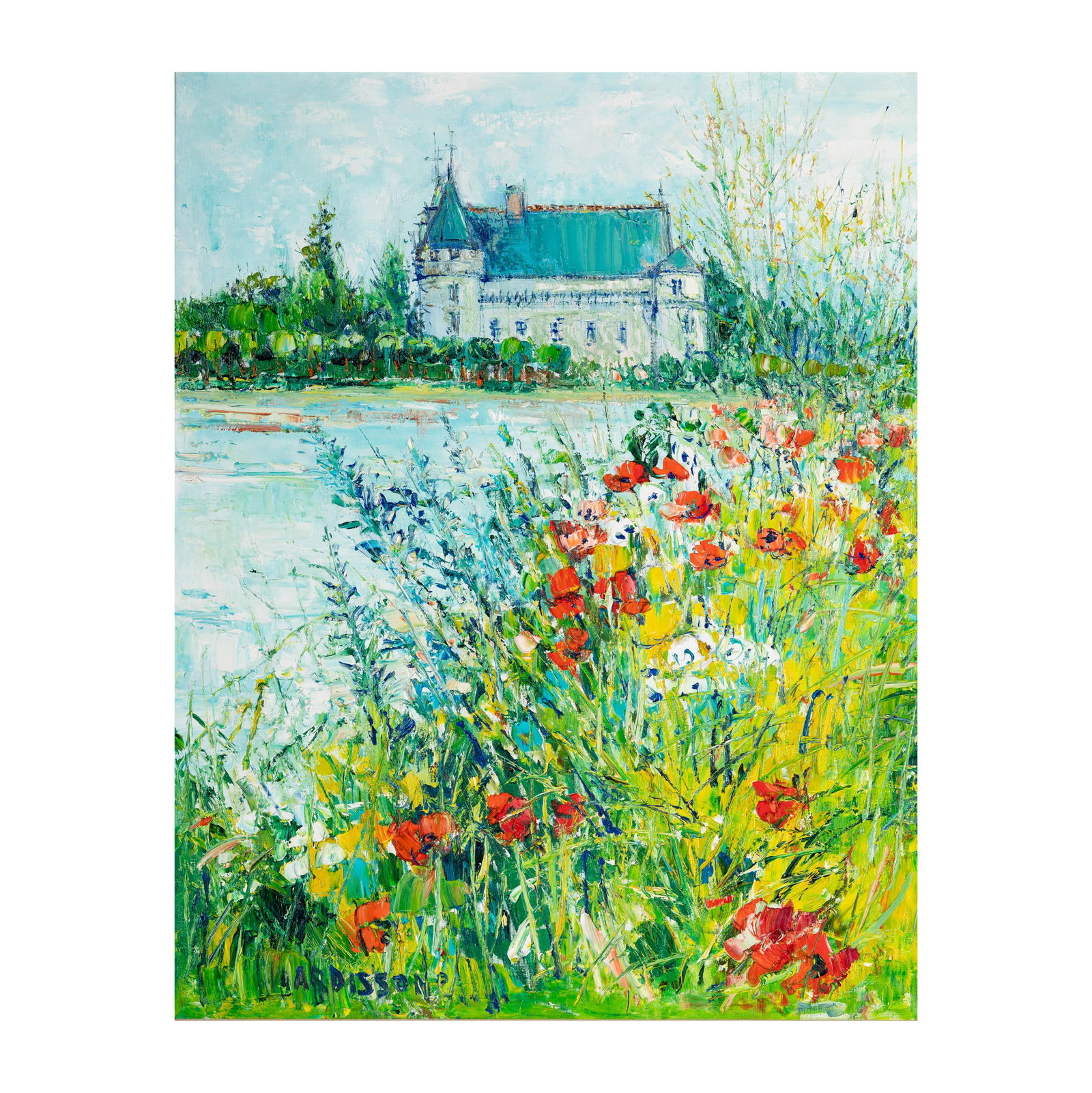 Yolande Ardissone (B. 1927): Lakeside Chateau: oil on canvas, signed lower left, 36 1/2 x 29 in. frame: 44 x 36 in. Provenance: With Wally Findlay Galleries (label verso). Property from the Estate of Ernest E. Warsaw, Second Lieutenant, U.S. Army