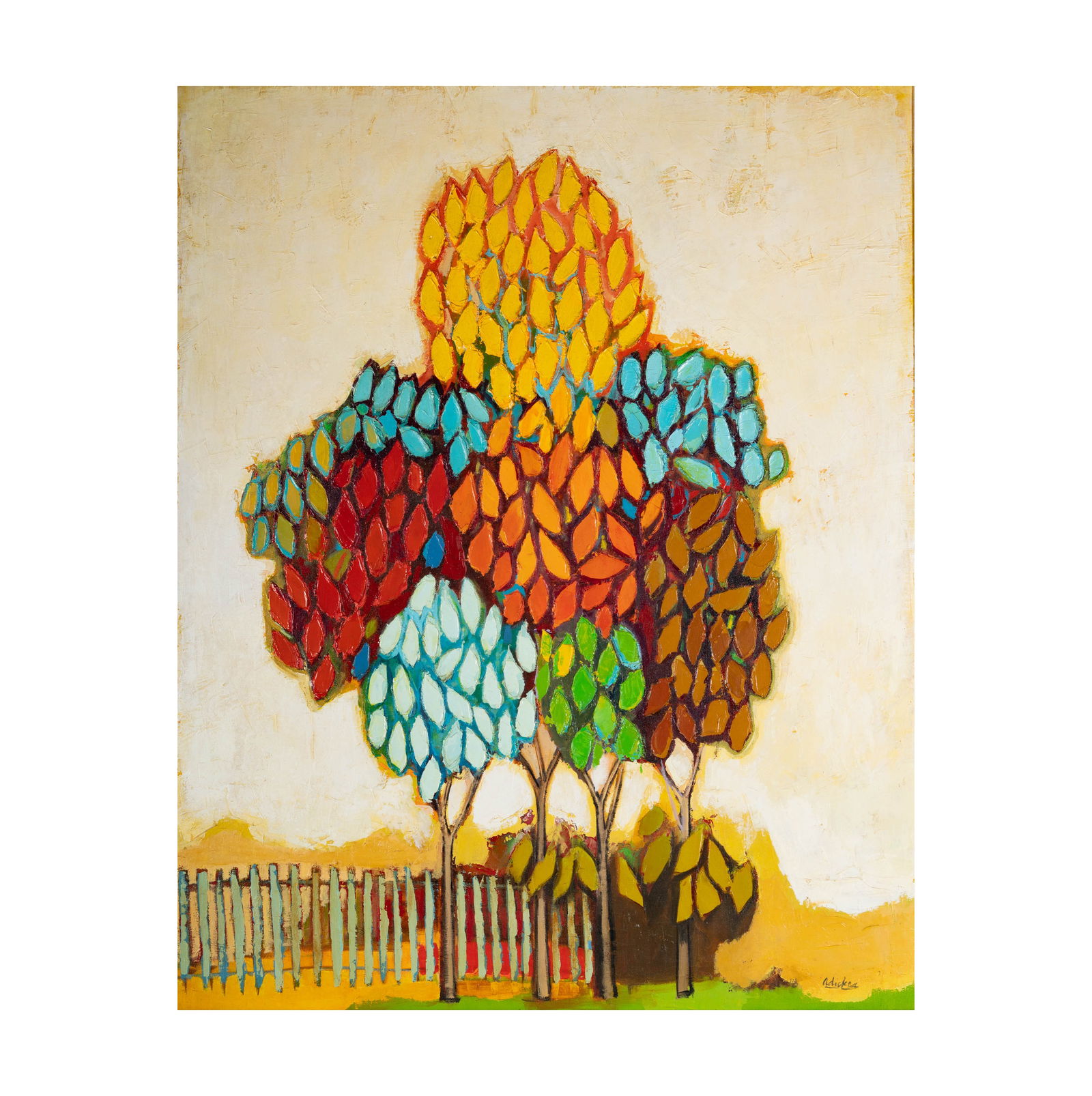 David Pryor Adickes (1927 - 2025): Clump of Summer Trees: oil on canvas laid to board, 1972, signed lower right, signed again, dated, and titled verso, 60 x 48 in., frame: 63 3/4 x 51 1/2 in.