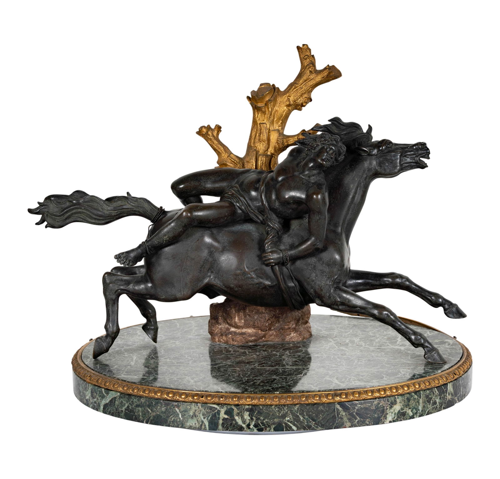 A Bronze and Gilt Bronze Equestrian Group: on marble base, 14 1/2 x 17 1/4 x 13 1/2