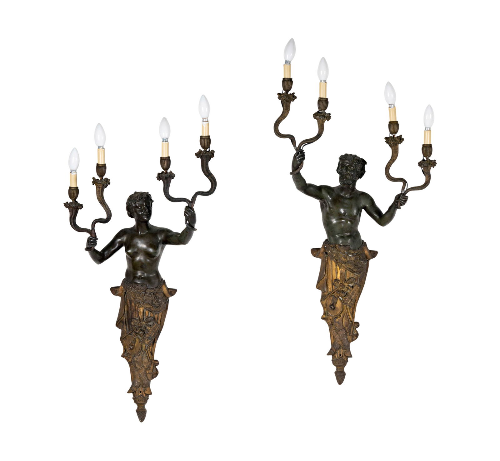 A Pair of Italian Gilt and Patinated Bronze Figural Wall Sconces (1 of 15)