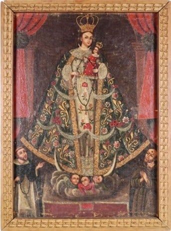 Cuzco School (late 17th/early 18th century): Virgin and Child Enthroned: oil on canvas laid to board, 31 x 22 1/2 in., Frame: 32 3/4 x 24 1/4 in.