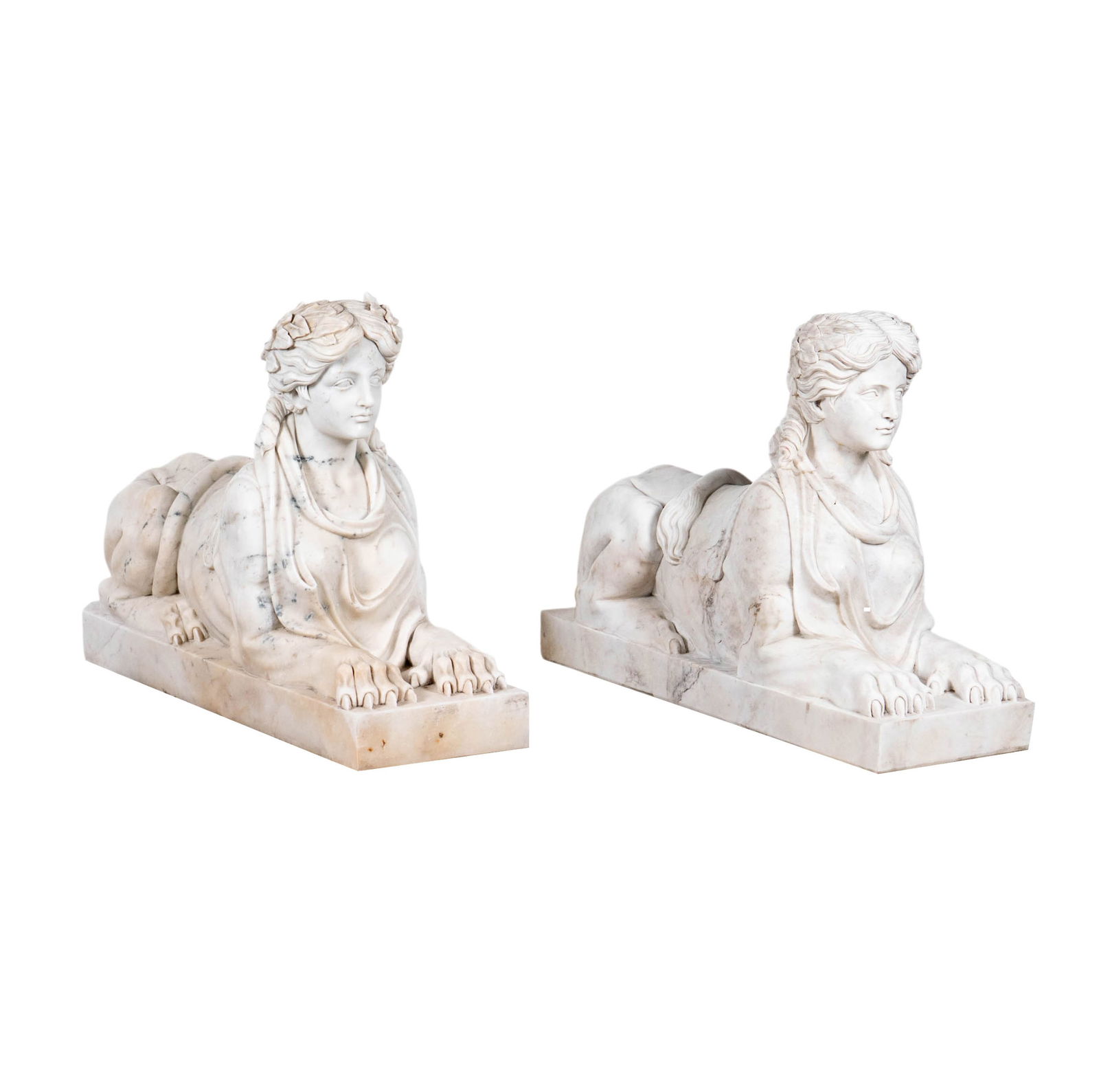 A Pair of Italian Carved Marble Sphinx Figures: 26 x 11 x 34 3/4 in.