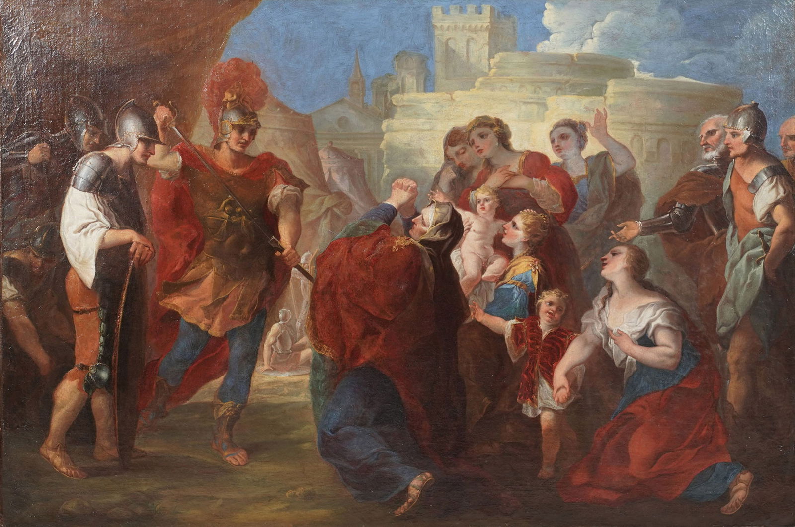 Attributed to Charles Lebrun (1916-1690): The Judgment of Solomon: oil on canvas, unsigned, 41 3/4 in. x 62 in., frame: 49 in. x 69 1/4 in. x 3 in. Provenance: Provenance: Property from the Collection of Dr. Bruce Wilson, Memphis, TN