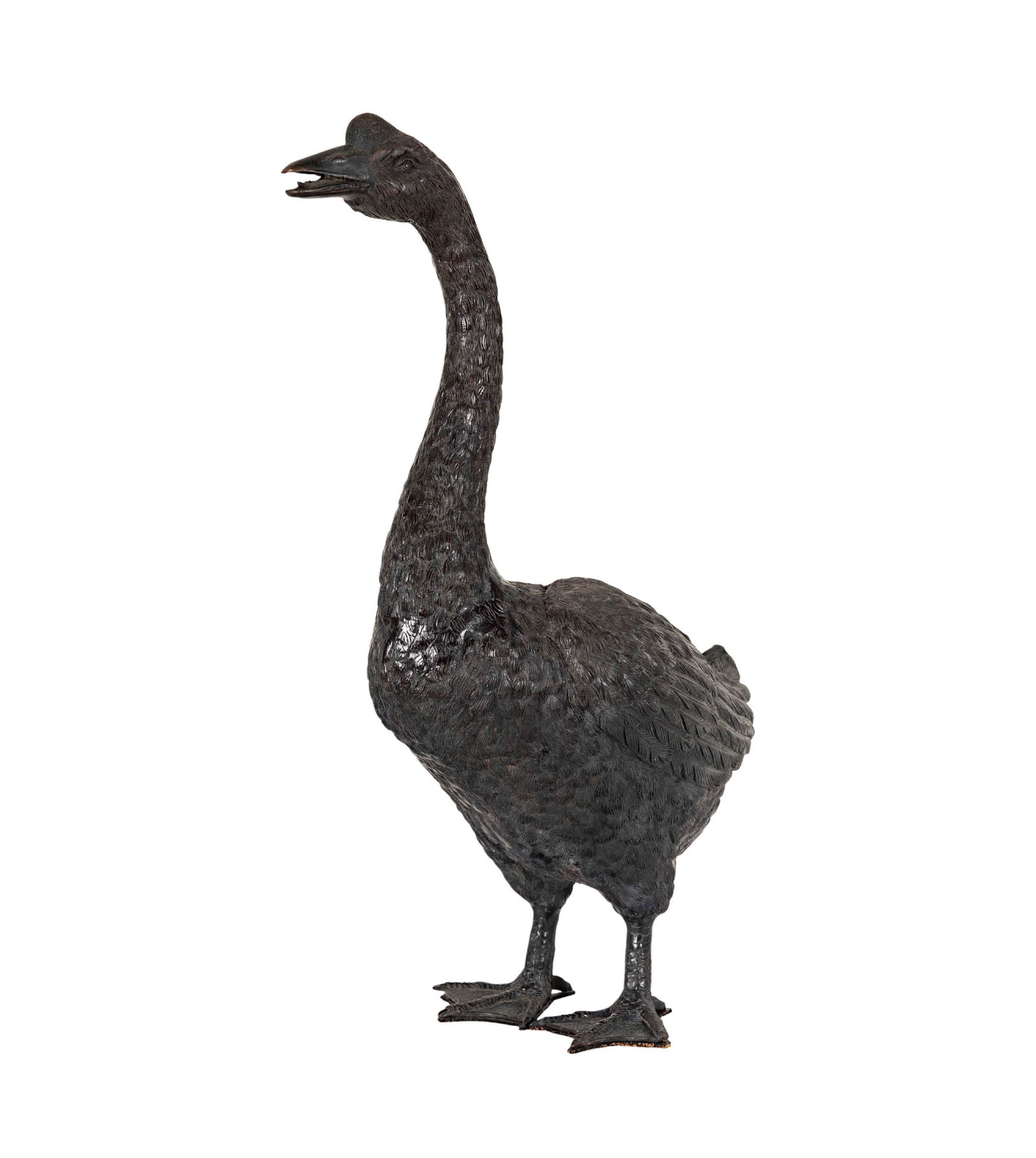 A Patinated Bronze Goose Figure: early 20th century, 28 1/4 x 18 1/2 x 10 in.