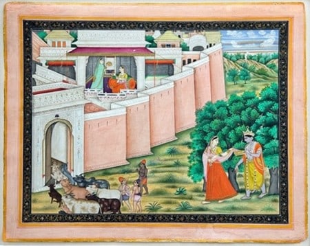 An Indian Miniature, Radha Meeting Krishna at the Hour of Cowdust: Godhuli, Punjab Hills, 19th century,: 9 1/2 x 13 in.