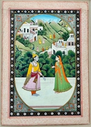 An East Indian Miniature, Month of Magha: depicting a court lady and gentleman on a balcony, Punjab Hills, 19th century,, Image: 8 5/8 x 5 1/2 in., Sheet: 11 x 7 3/4 in.