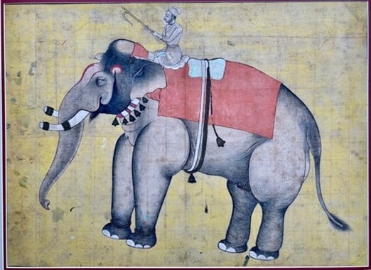 A Fine Indian Miniature of Elephant and Mahout: Sawar, North India, 18th/19th century, colors on silk, 12 3/8 x 17 3/8 in.